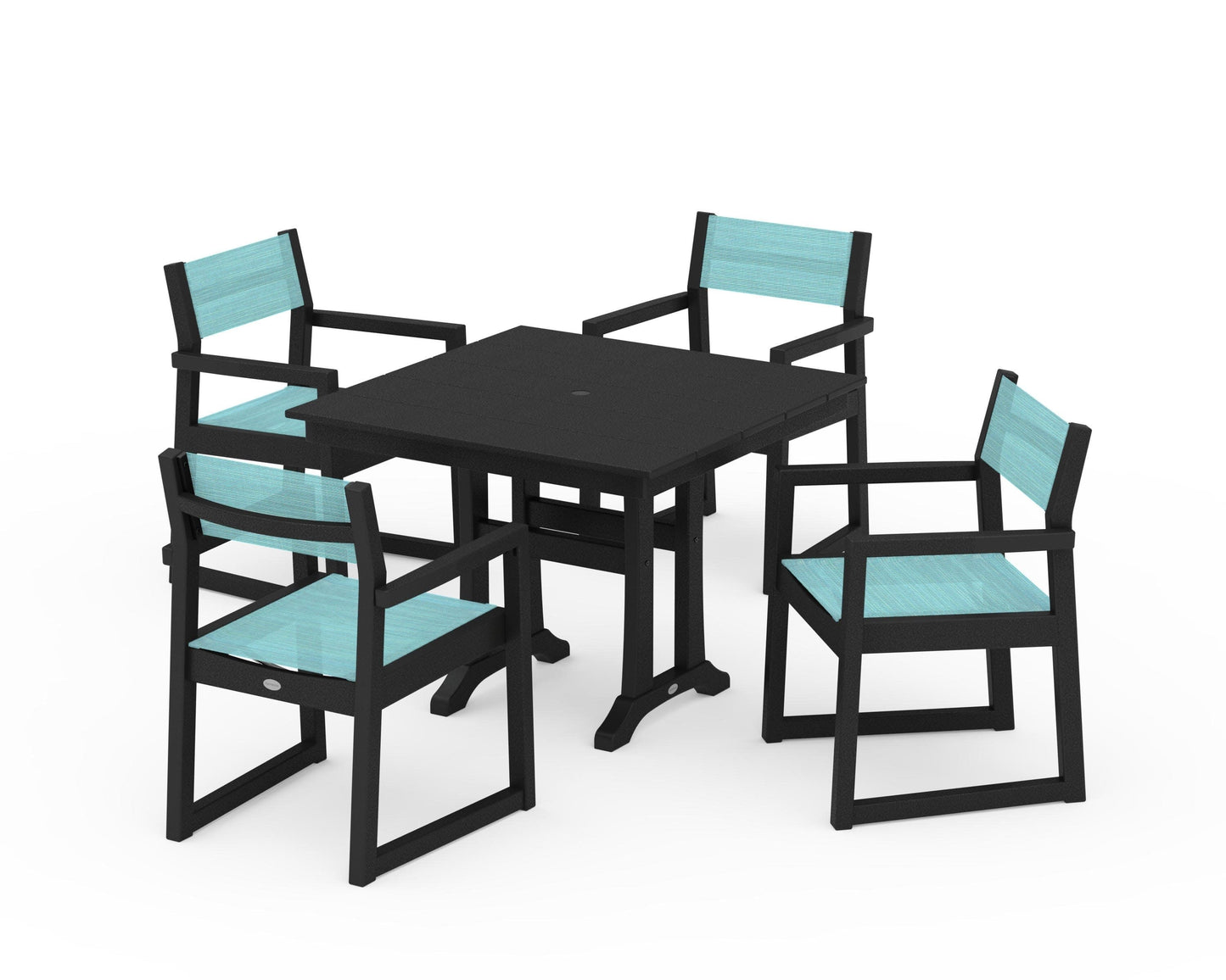 POLYWOOD EDGE Sling 5-Piece Farmhouse Dining Set with Trestle Legs — Black / Dupioni Aquamarine Sling