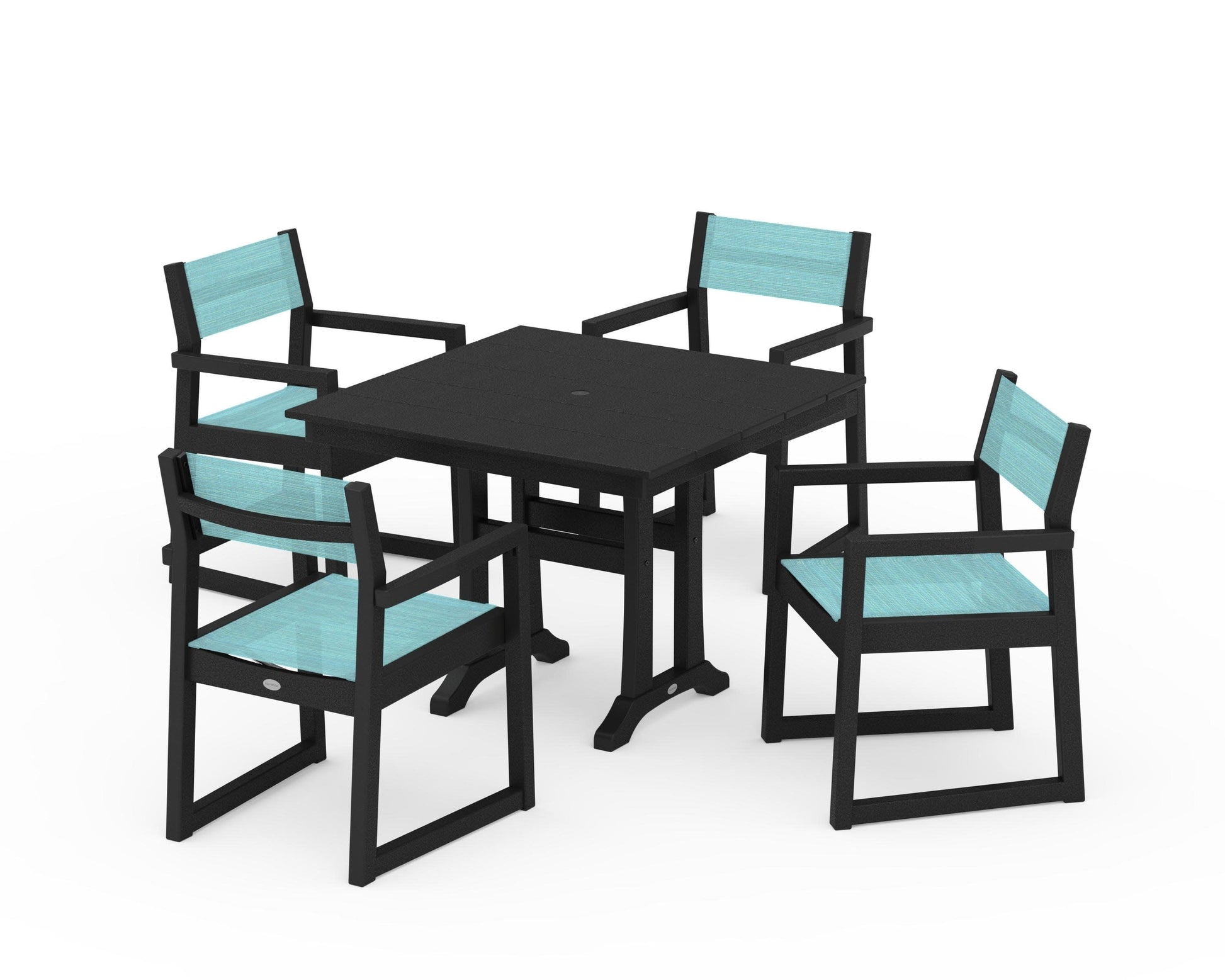 POLYWOOD EDGE Sling 5-Piece Farmhouse Dining Set with Trestle Legs — Black / Dupioni Aquamarine Sling