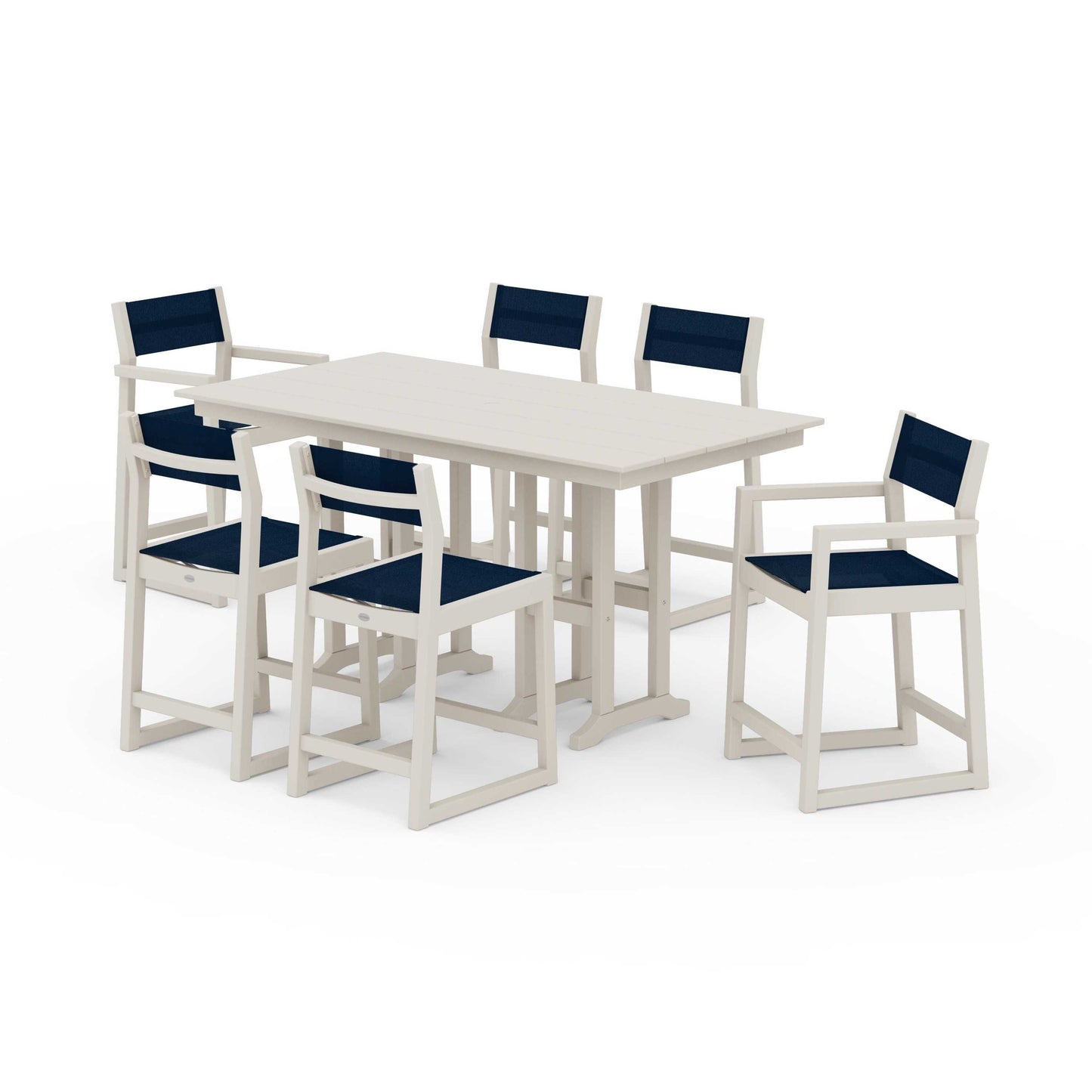 POLYWOOD EDGE Sling 7-Piece Farmhouse Counter Set with Trestle Legs — Sand / Navy Blue Sling