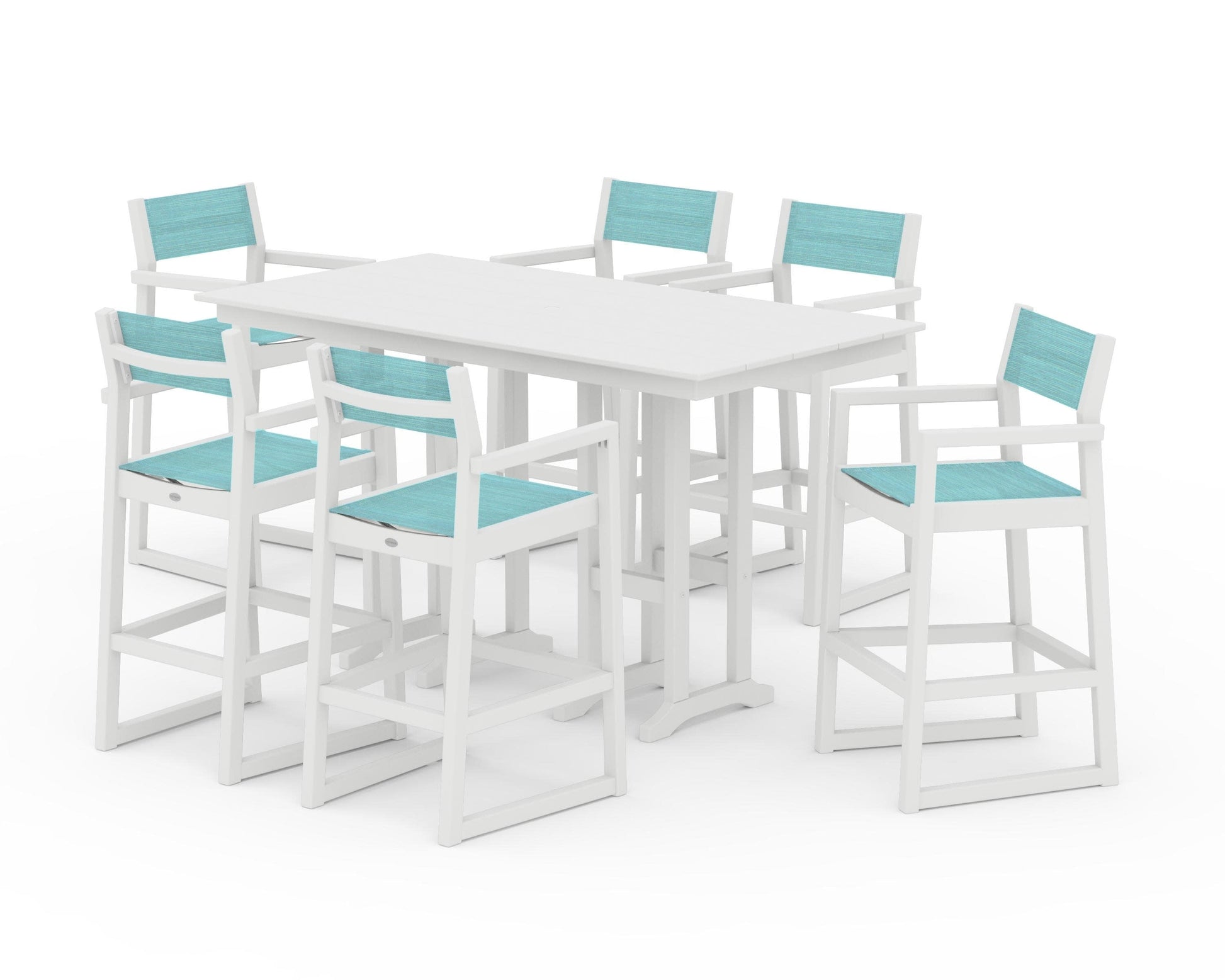 POLYWOOD EDGE Sling Arm Chair 7-Piece Farmhouse Bar Set — White / Dupioni Aquamarine Sling