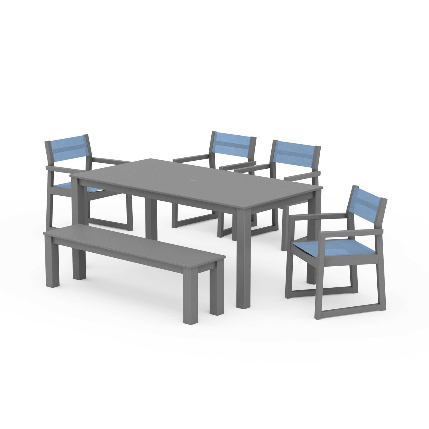 POLYWOOD EDGE Sling Arm Chair 6-Piece Parsons Dining Set with Bench — Slate Grey / Poolside Sling