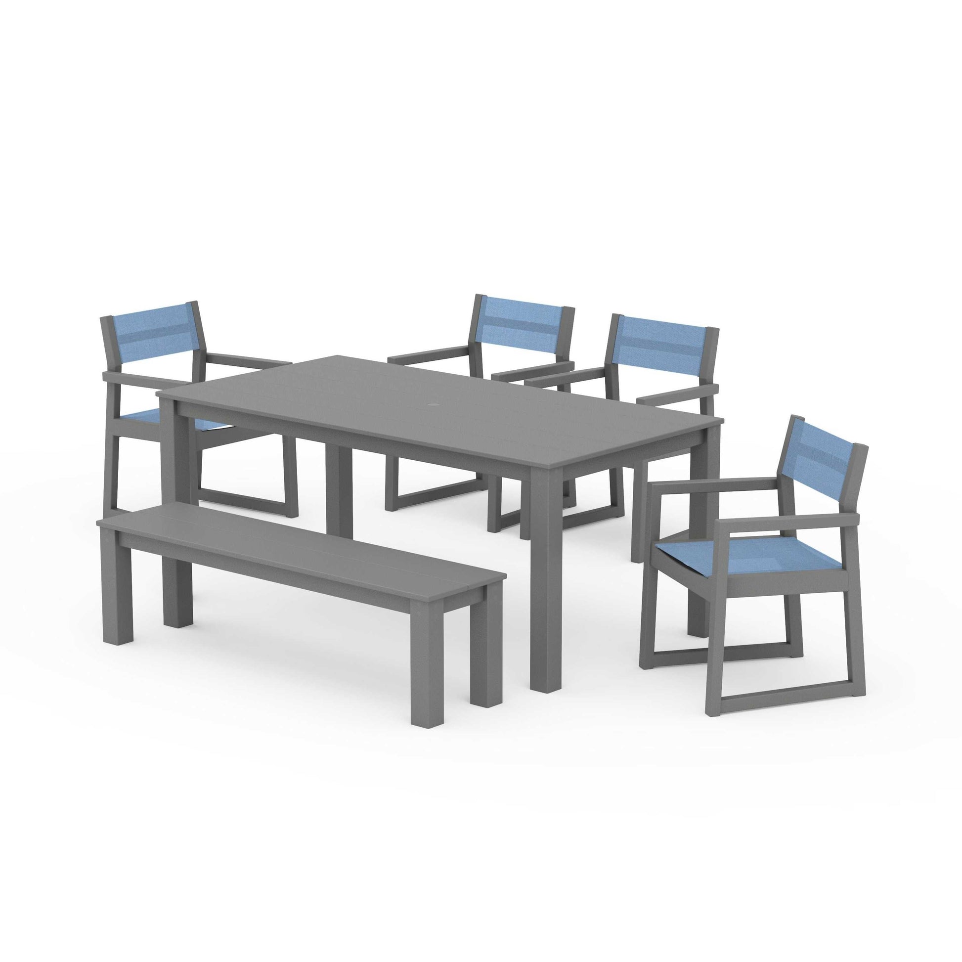 POLYWOOD EDGE Sling Arm Chair 6-Piece Parsons Dining Set with Bench — Slate Grey / Poolside Sling