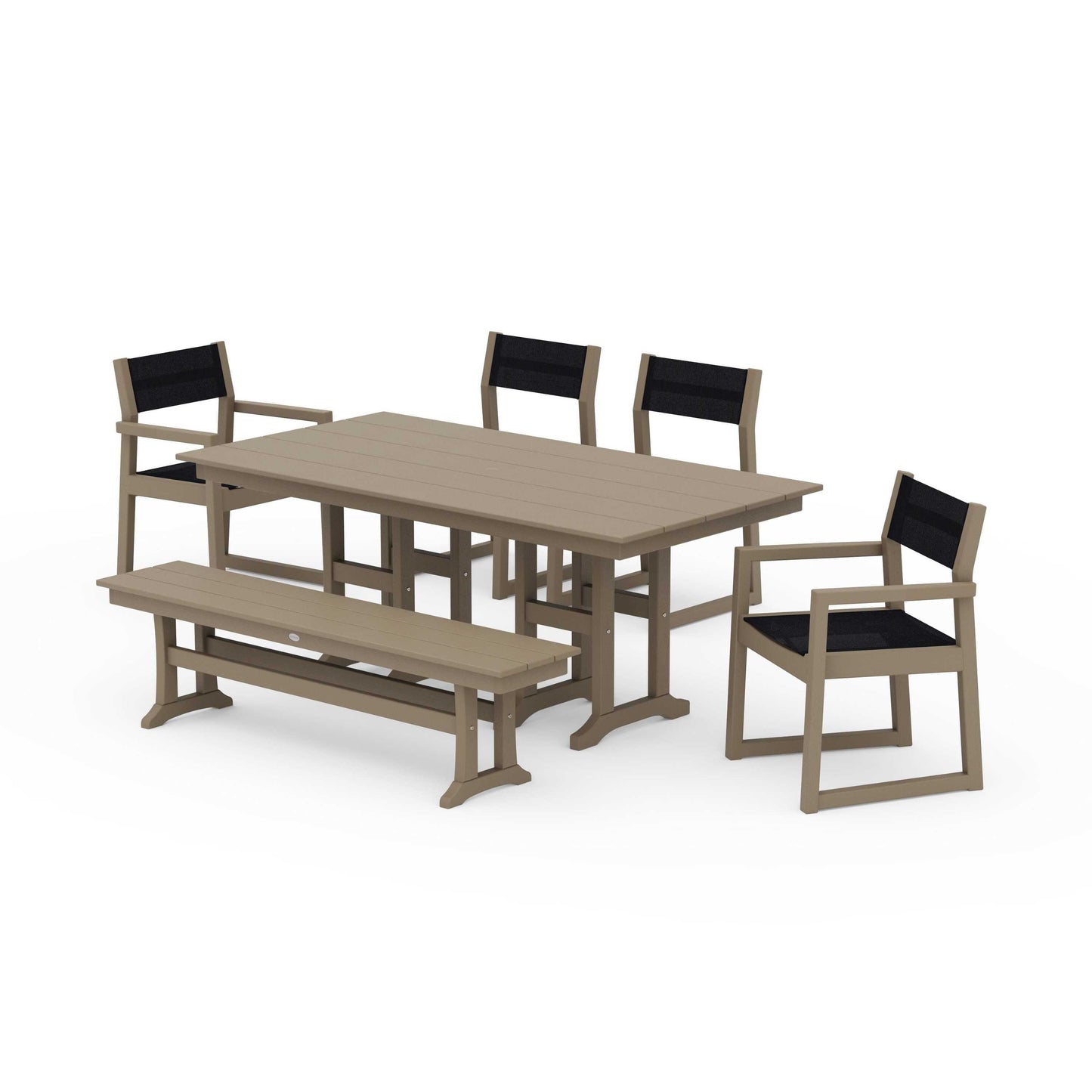 POLYWOOD EDGE Sling 6-Piece Farmhouse Dining Set — Vintage Sahara / Black Sling