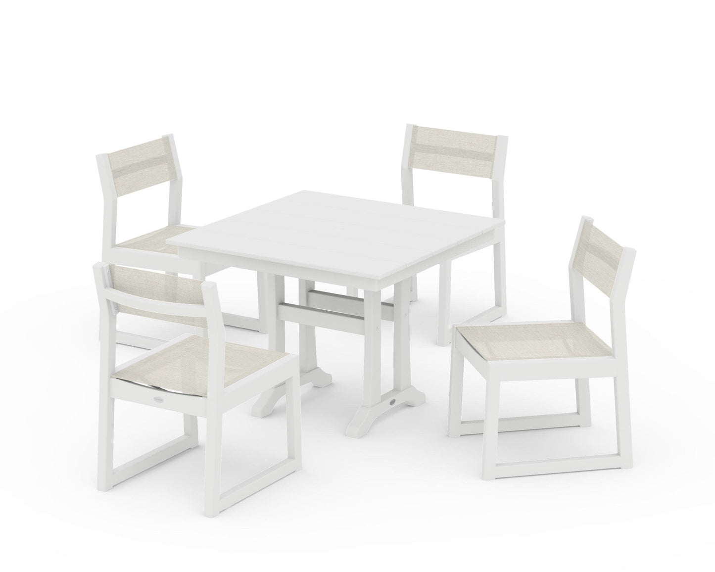 POLYWOOD EDGE Sling 5-Piece Farmhouse Trestle Side Chair Dining Set — White / Parchment Sling