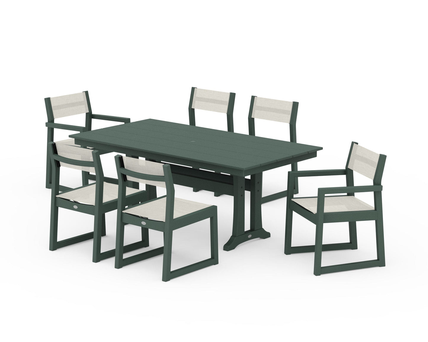 POLYWOOD EDGE Sling 7-Piece Farmhouse Trestle Dining Set — Green / Parchment Sling