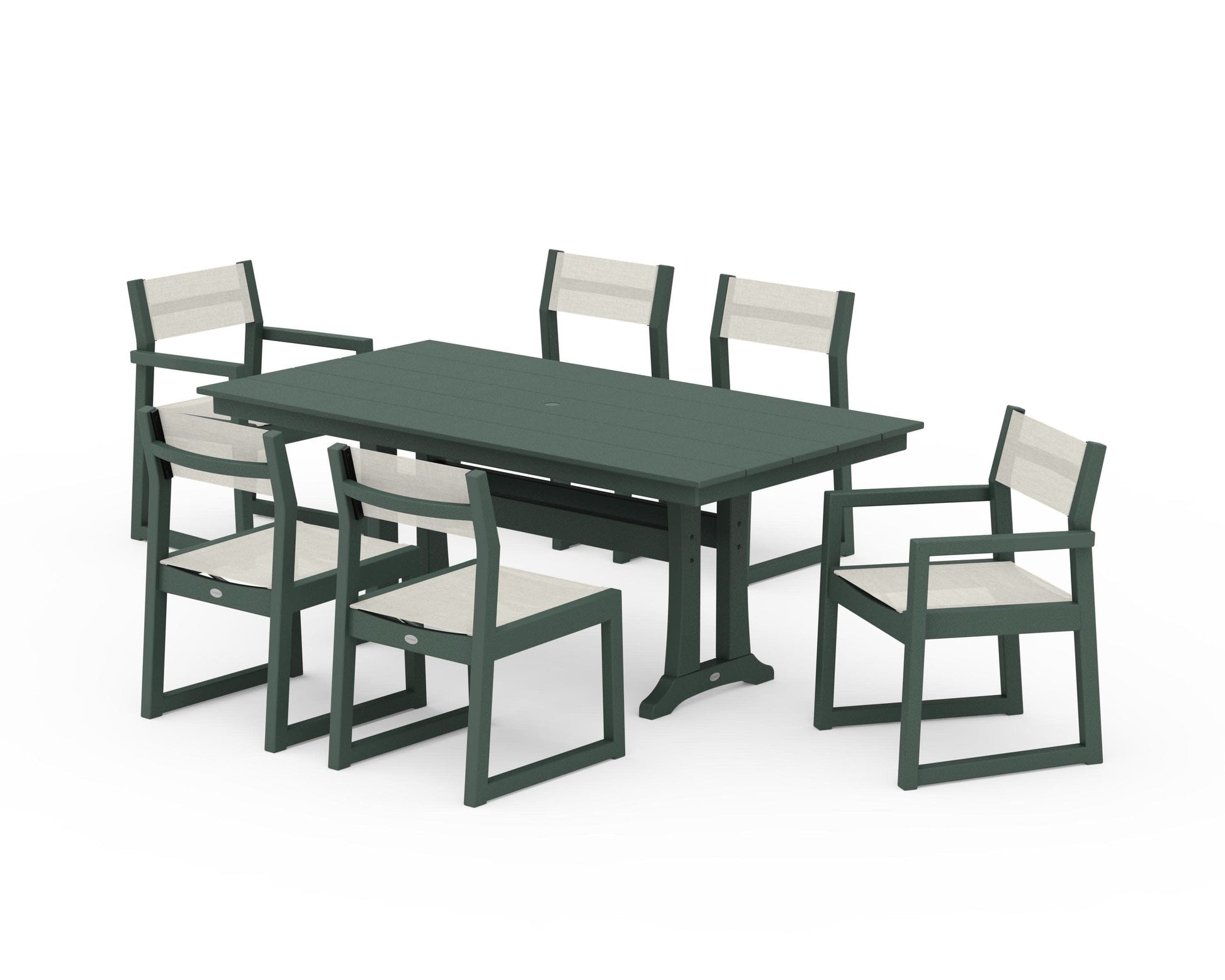 POLYWOOD EDGE Sling 7-Piece Farmhouse Trestle Dining Set — Green / Parchment Sling