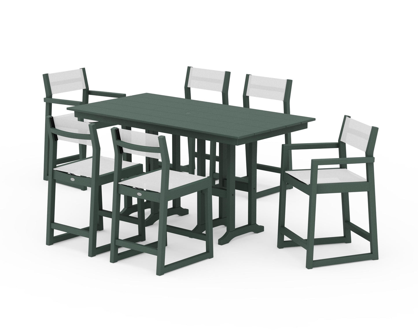 POLYWOOD EDGE Sling 7-Piece Farmhouse Counter Set with Trestle Legs — Green / White Sling