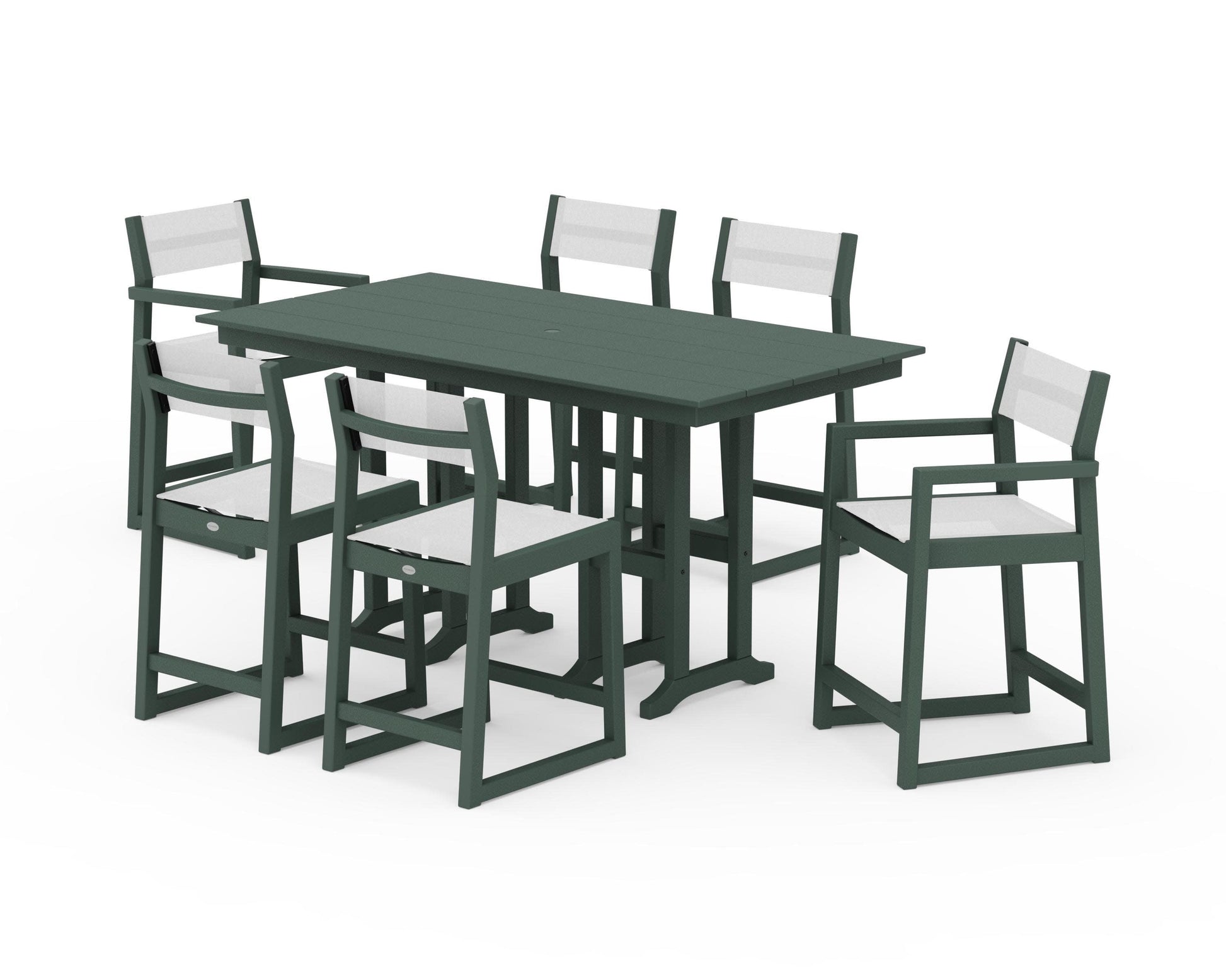 POLYWOOD EDGE Sling 7-Piece Farmhouse Counter Set with Trestle Legs — Green / White Sling