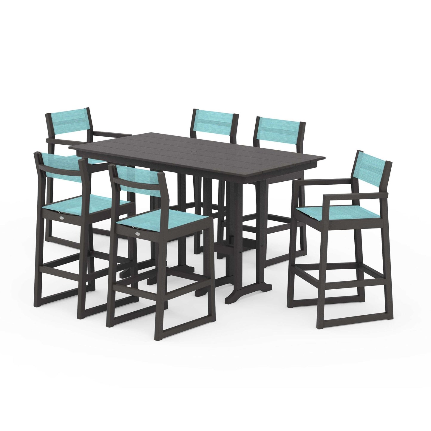 POLYWOOD EDGE Sling 7-Piece Farmhouse Bar Set — Vintage Coffee / Dupioni Aquamarine Sling
