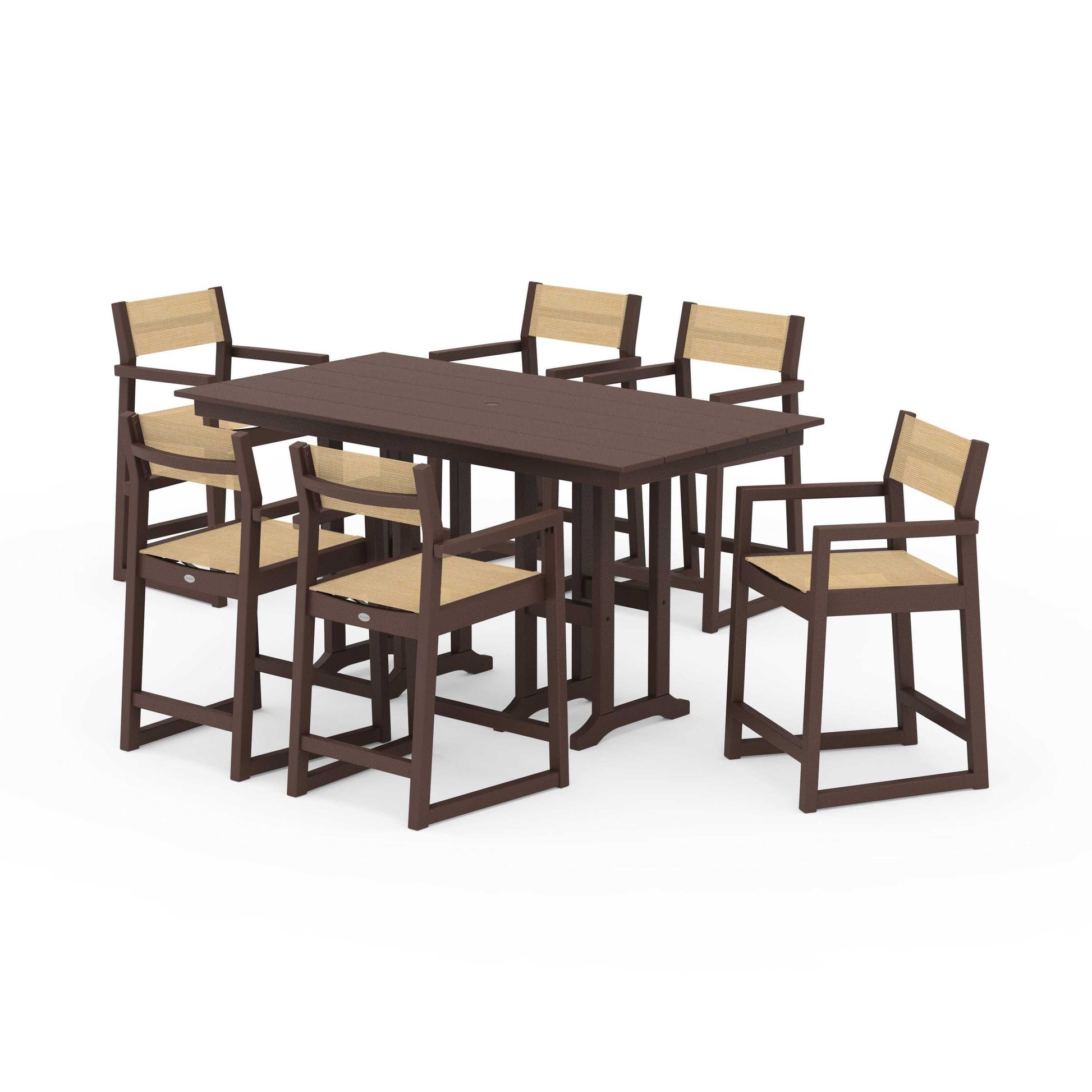 POLYWOOD EDGE Sling Arm Chair 7-Piece Farmhouse Counter Set — Mahogany / Dupioni Apricot Sling