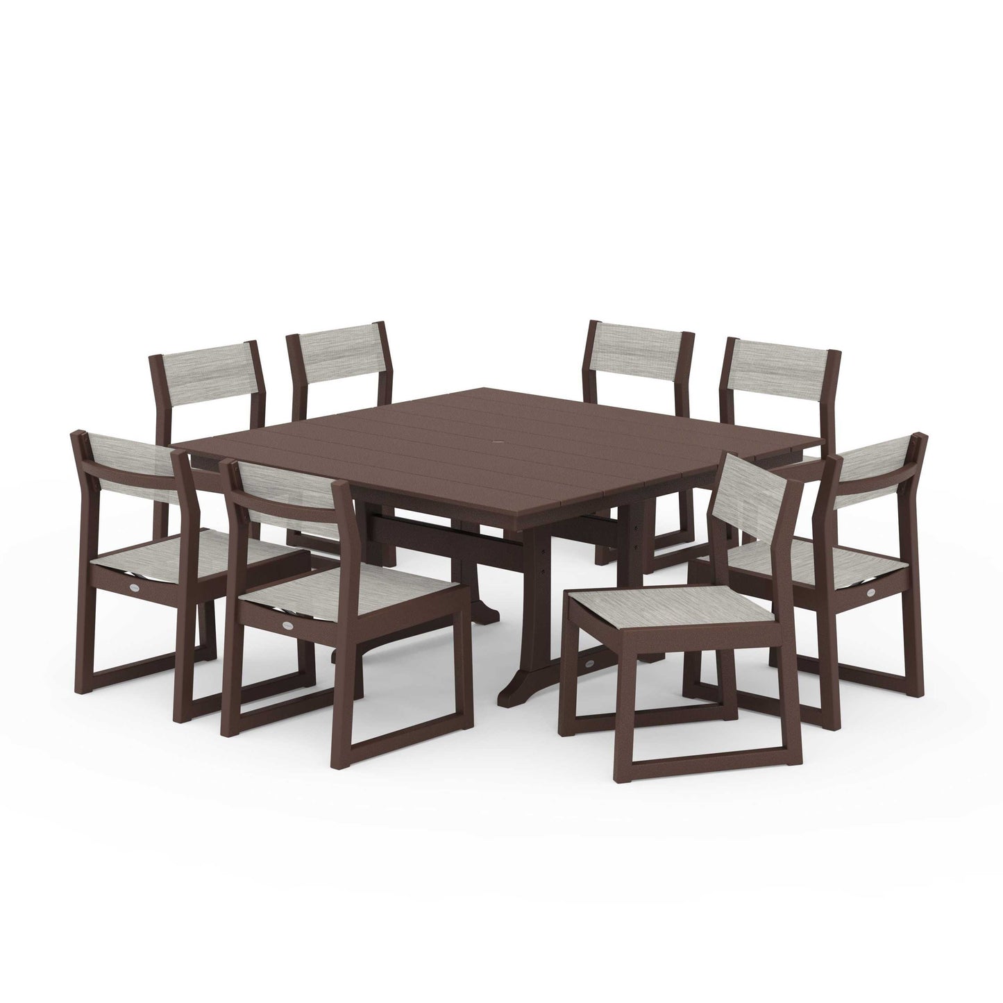 POLYWOOD EDGE Sling Side Chair 9-Piece Farmhouse Trestle Dining Set — Mahogany / Birch Sling