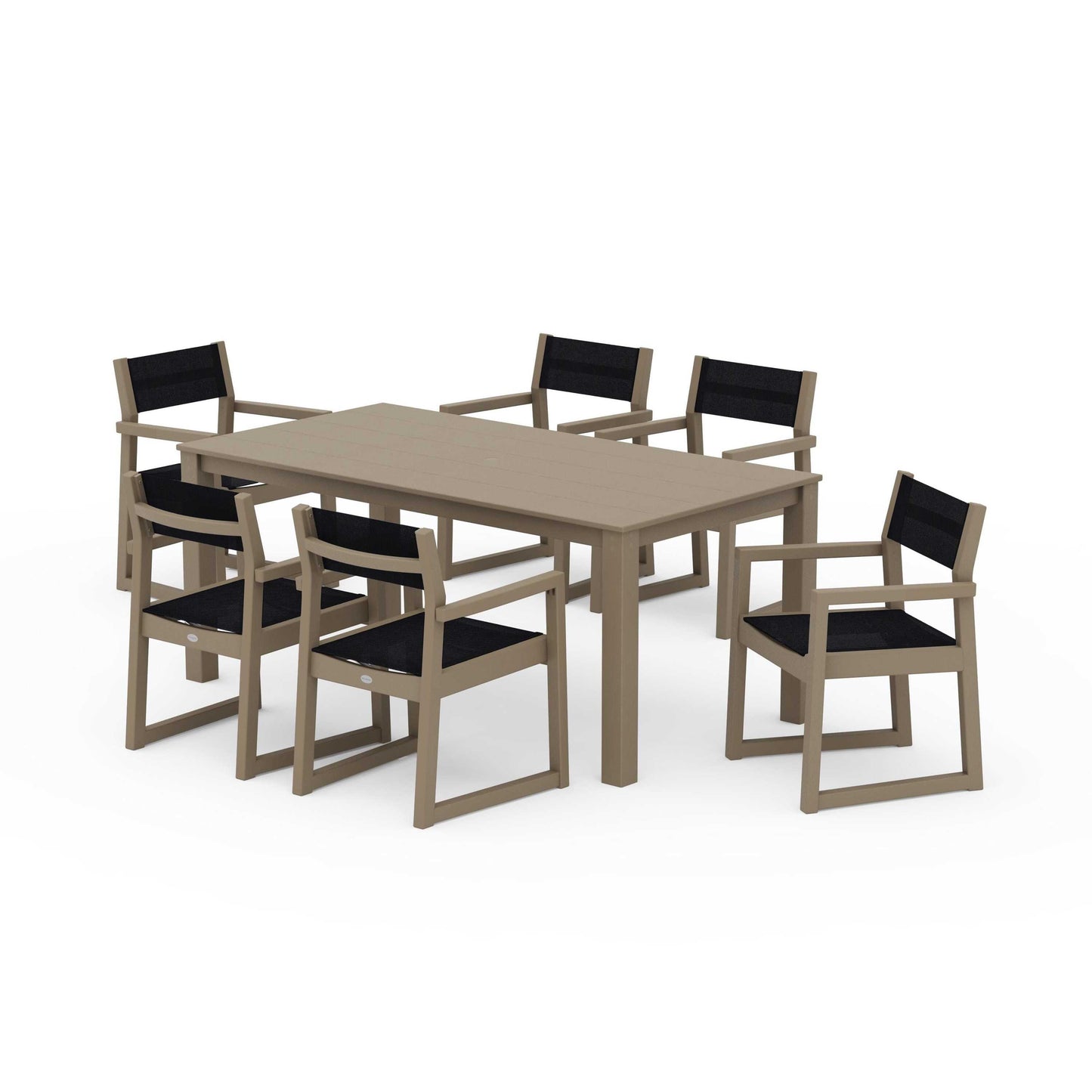POLYWOOD EDGE Sling Arm Chair 7-Piece Parsons Dining Set — Vintage Sahara / Black Sling