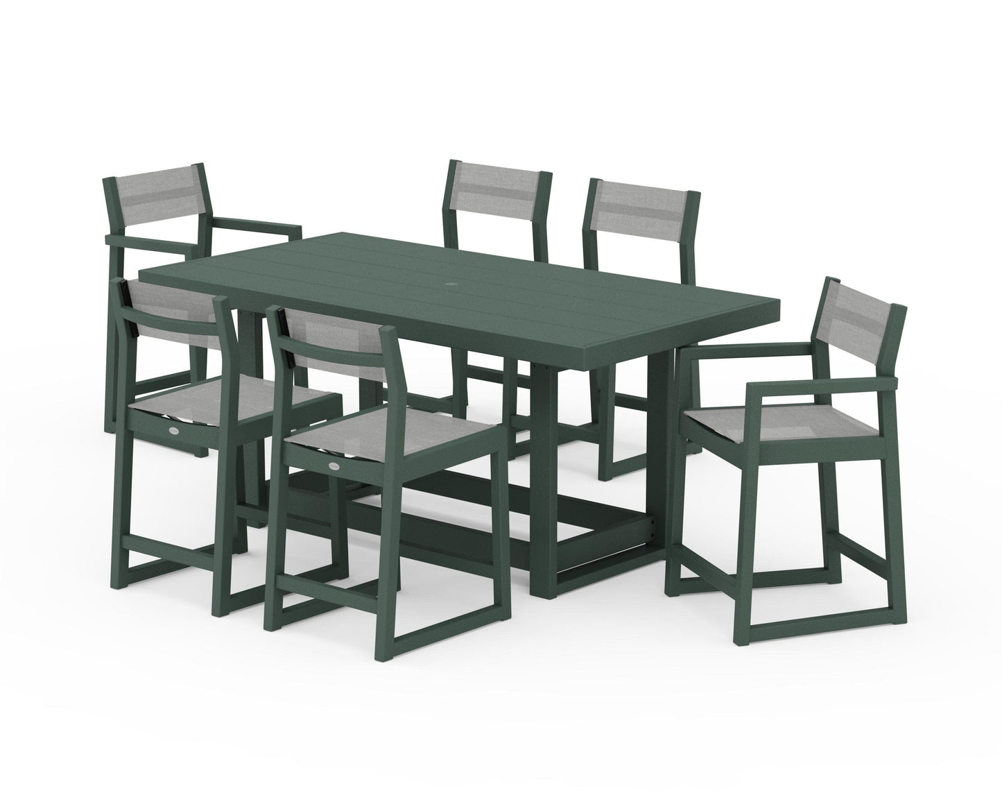 POLYWOOD EDGE Sling 7-Piece Counter Table Set — Green / Metallic Sling