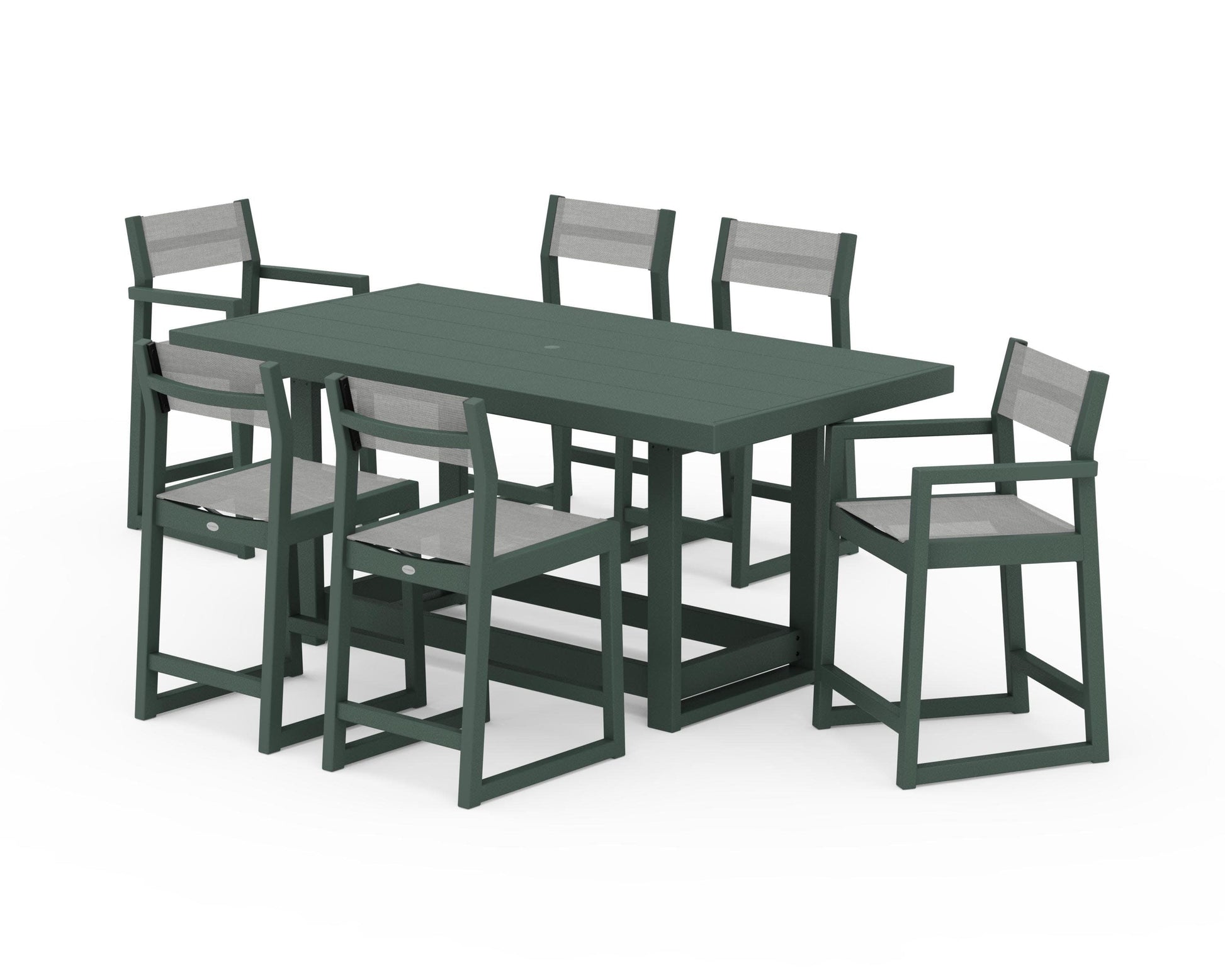 POLYWOOD EDGE Sling 7-Piece Counter Table Set — Green / Metallic Sling