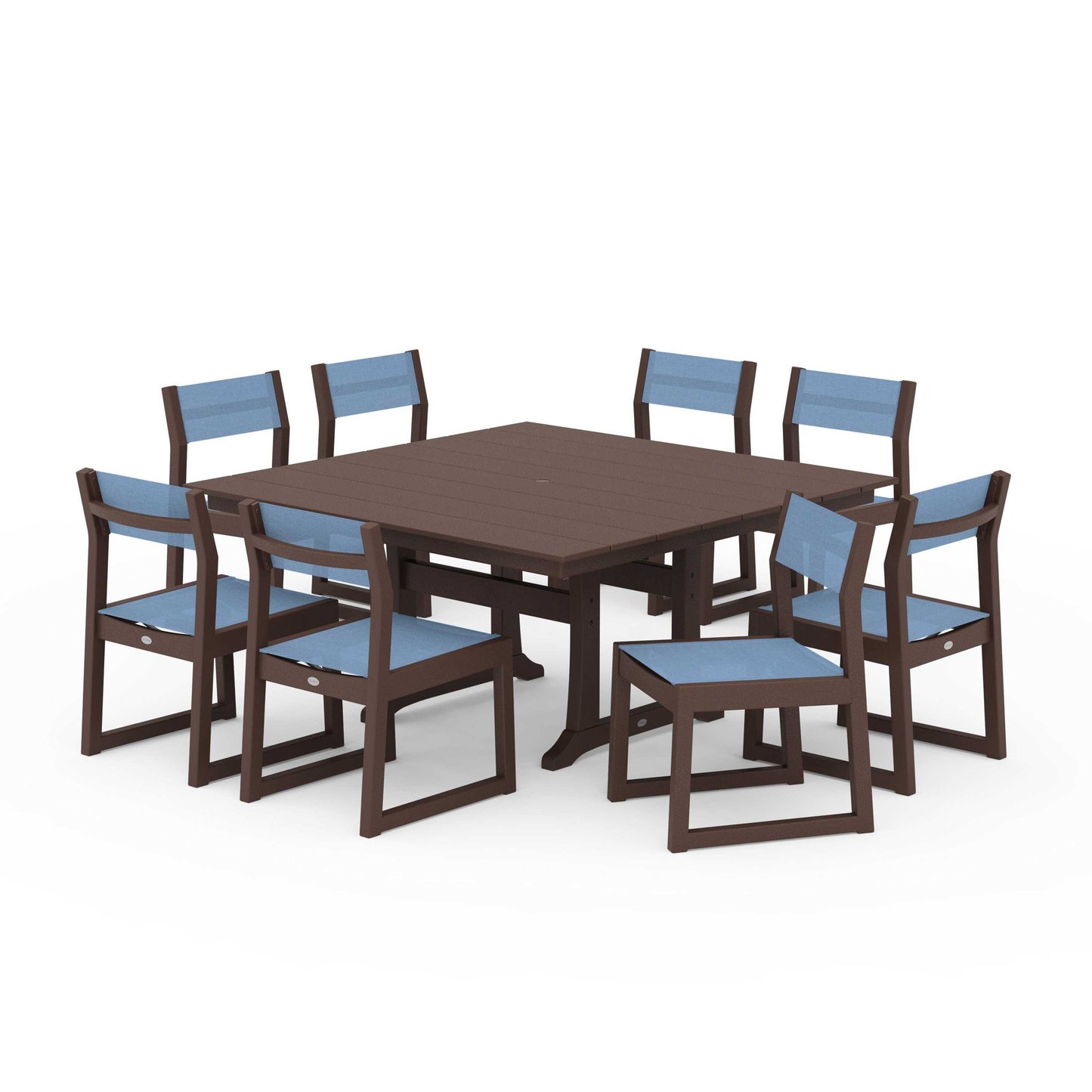 POLYWOOD EDGE Sling Side Chair 9-Piece Farmhouse Trestle Dining Set — Mahogany / Poolside Sling