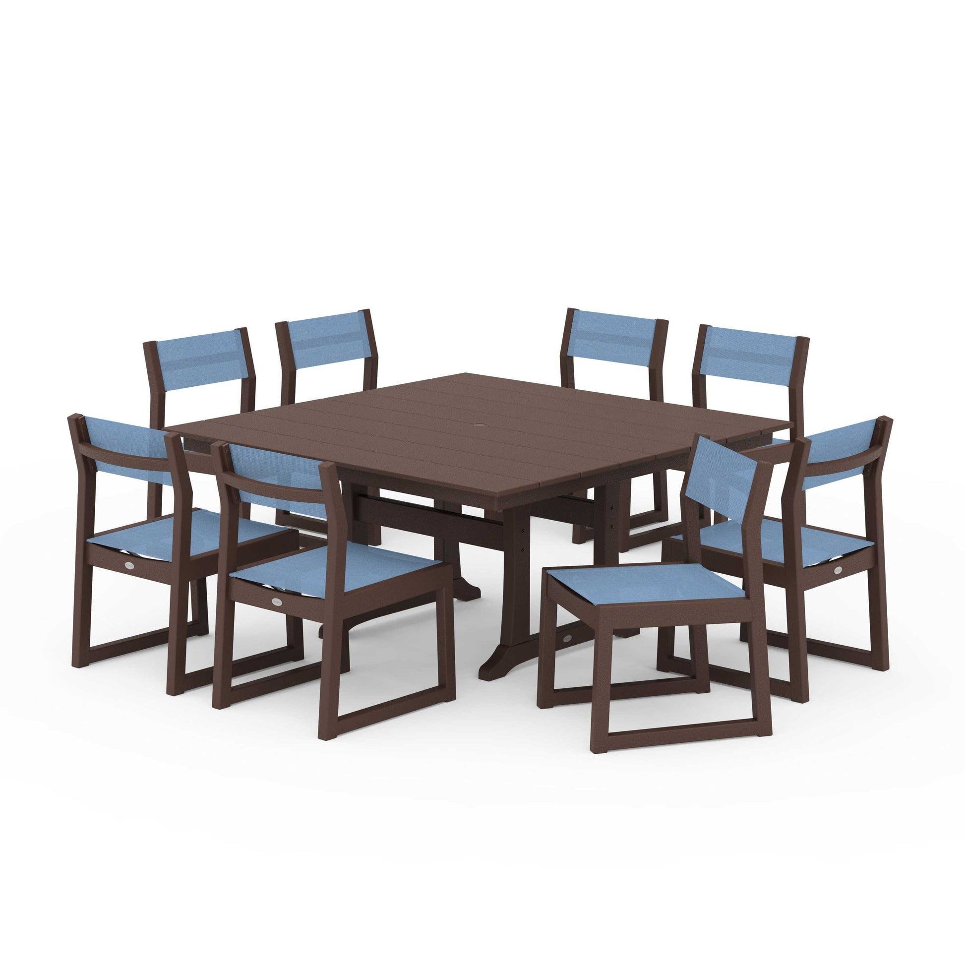 POLYWOOD EDGE Sling Side Chair 9-Piece Farmhouse Trestle Dining Set — Mahogany / Poolside Sling