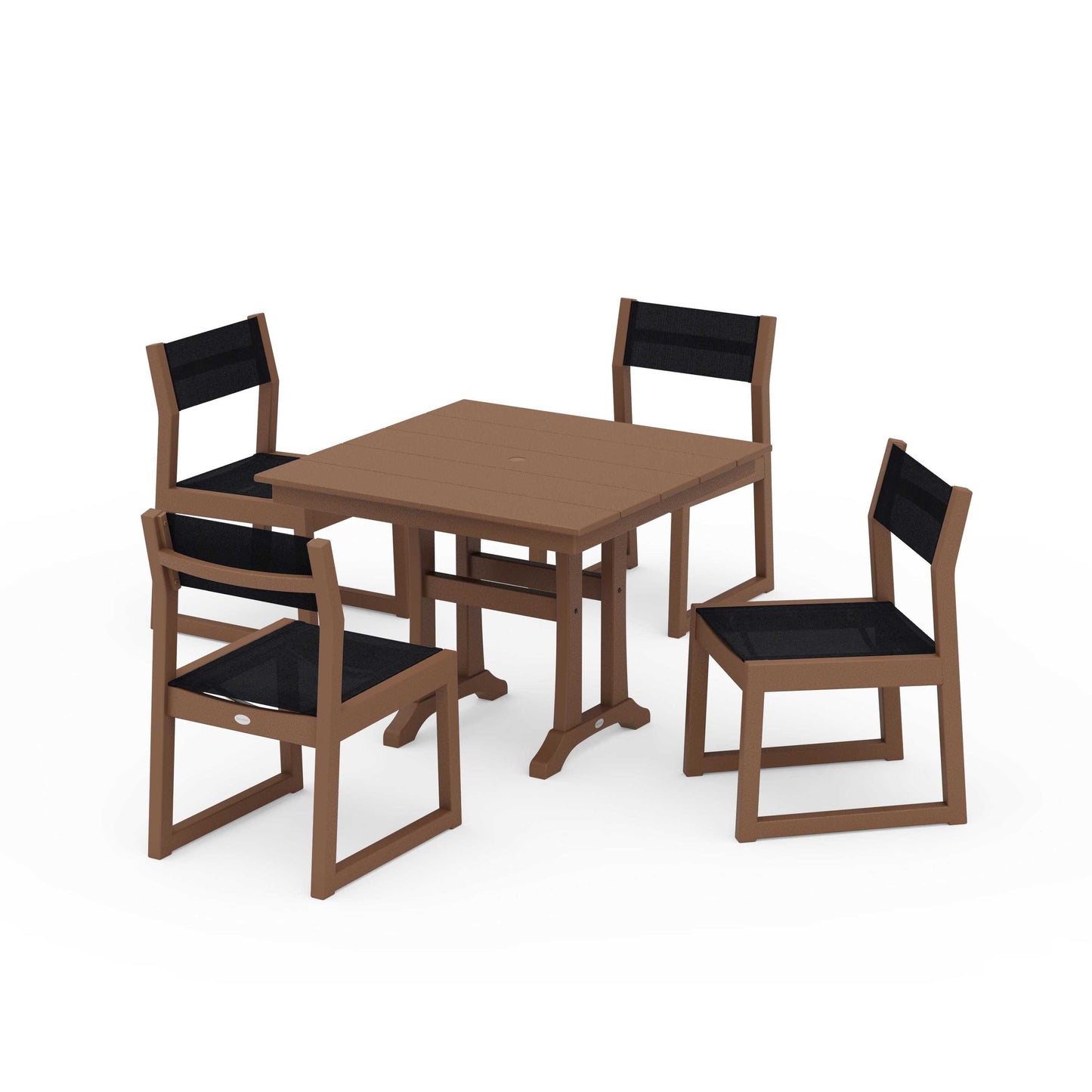 POLYWOOD EDGE Sling 5-Piece Farmhouse Trestle Side Chair Dining Set — Teak / Black Sling