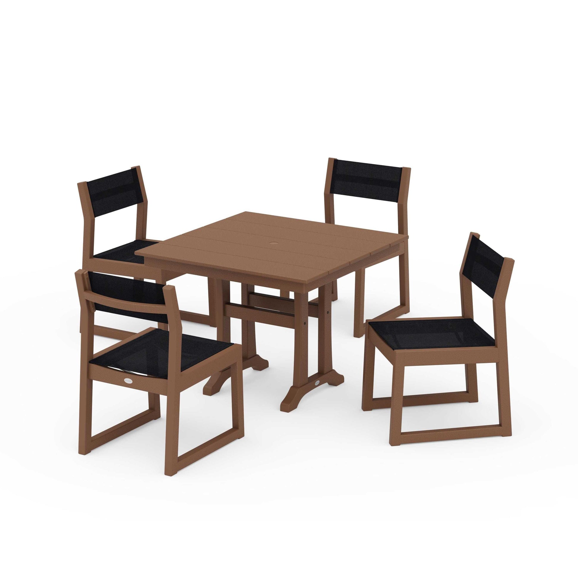 POLYWOOD EDGE Sling 5-Piece Farmhouse Trestle Side Chair Dining Set — Teak / Black Sling