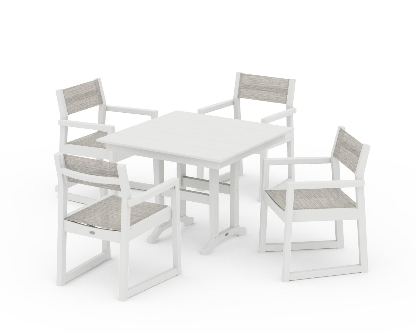 POLYWOOD EDGE Sling Arm Chair 5-Piece Farmhouse Dining Set — Vintage White / Birch Sling