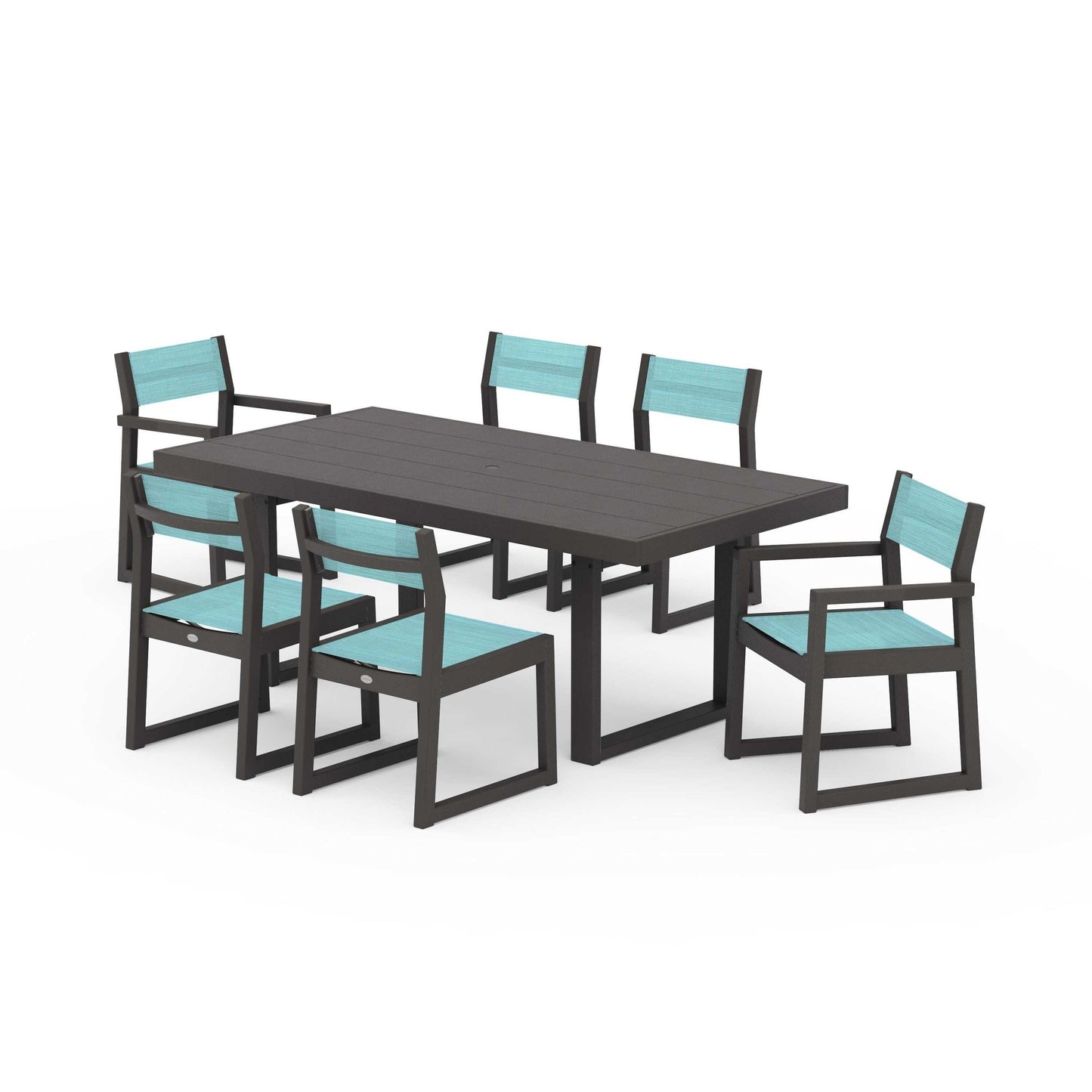 POLYWOOD EDGE Sling 7-Piece Dining Set — Vintage Coffee / Dupioni Aquamarine Sling