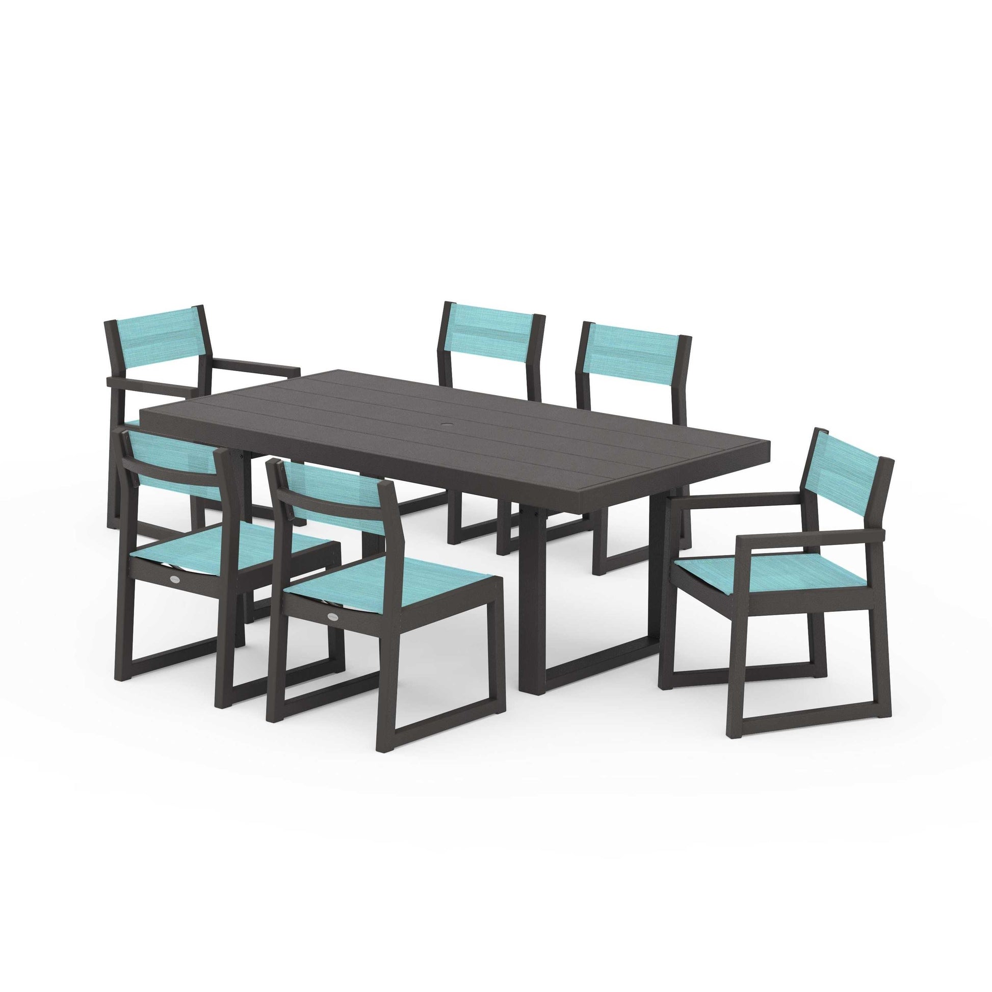 POLYWOOD EDGE Sling 7-Piece Dining Set — Vintage Coffee / Dupioni Aquamarine Sling