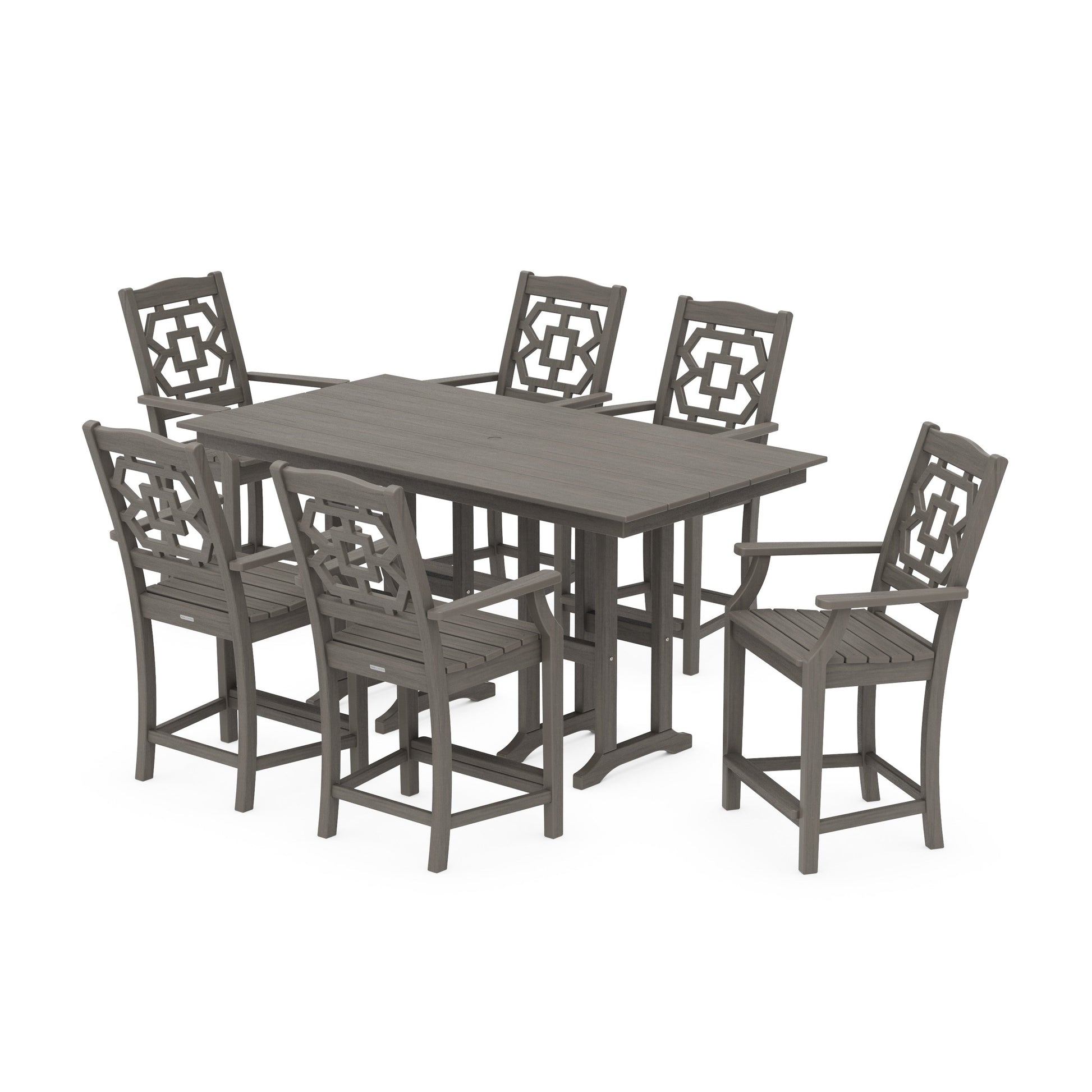 POLYWOOD Chinoiserie Arm Chair 7-Piece Farmhouse Counter Set — Driftwood
