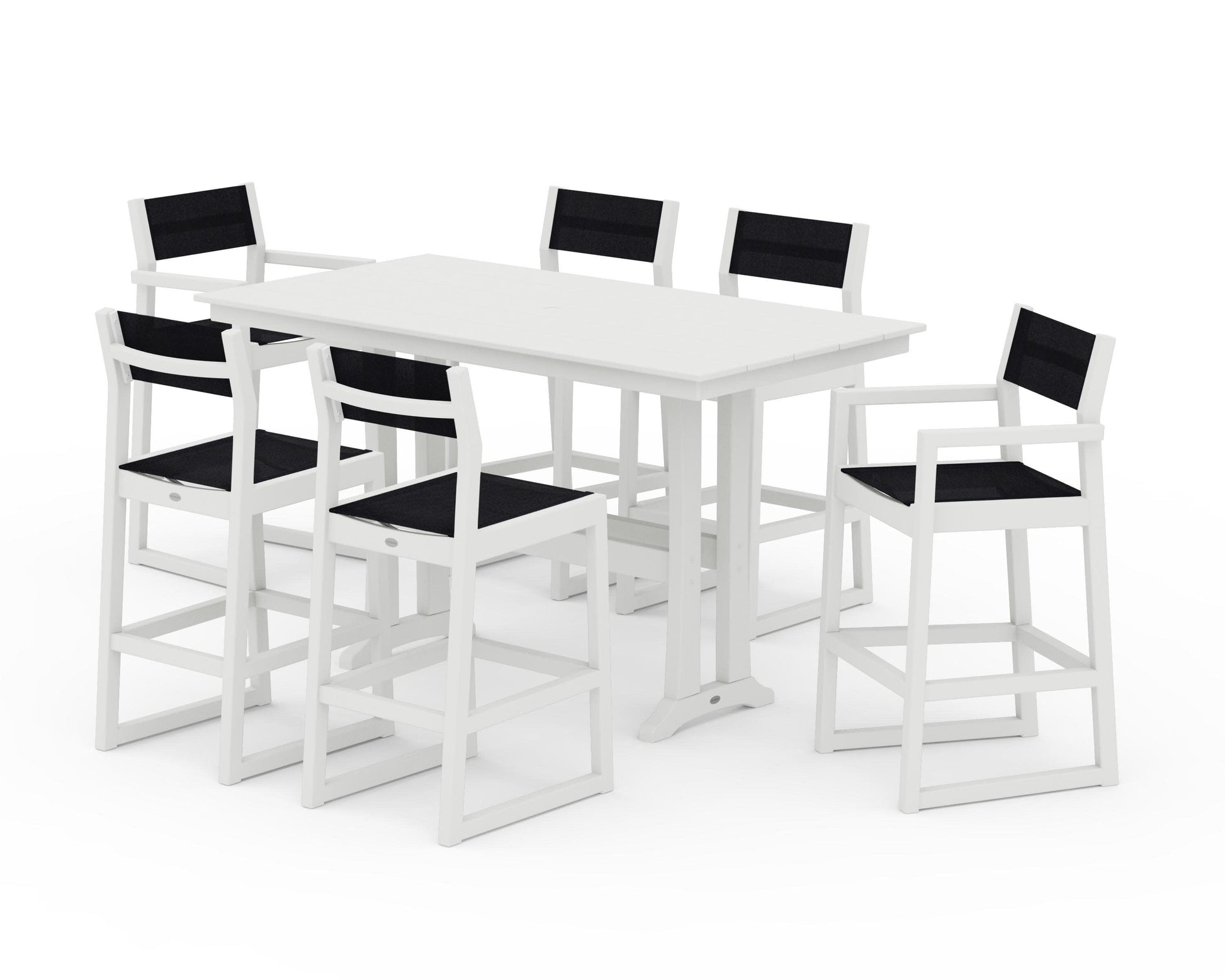 POLYWOOD EDGE Sling 7-Piece Farmhouse Bar Set with Trestle Legs — Vintage White / Black Sling