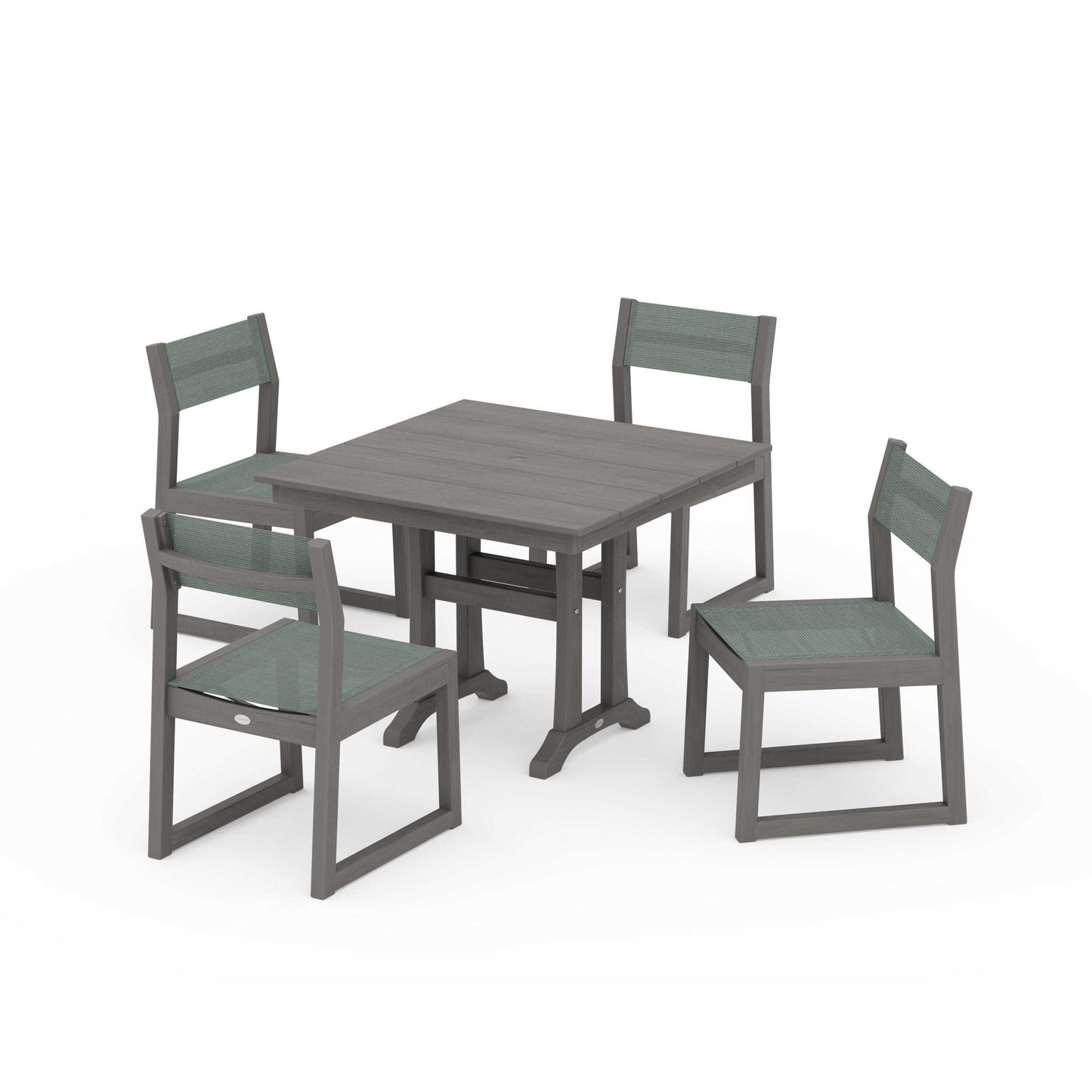 POLYWOOD EDGE Sling 5-Piece Farmhouse Trestle Side Chair Dining Set — Driftwood / Dupioni Sea Mist Sling
