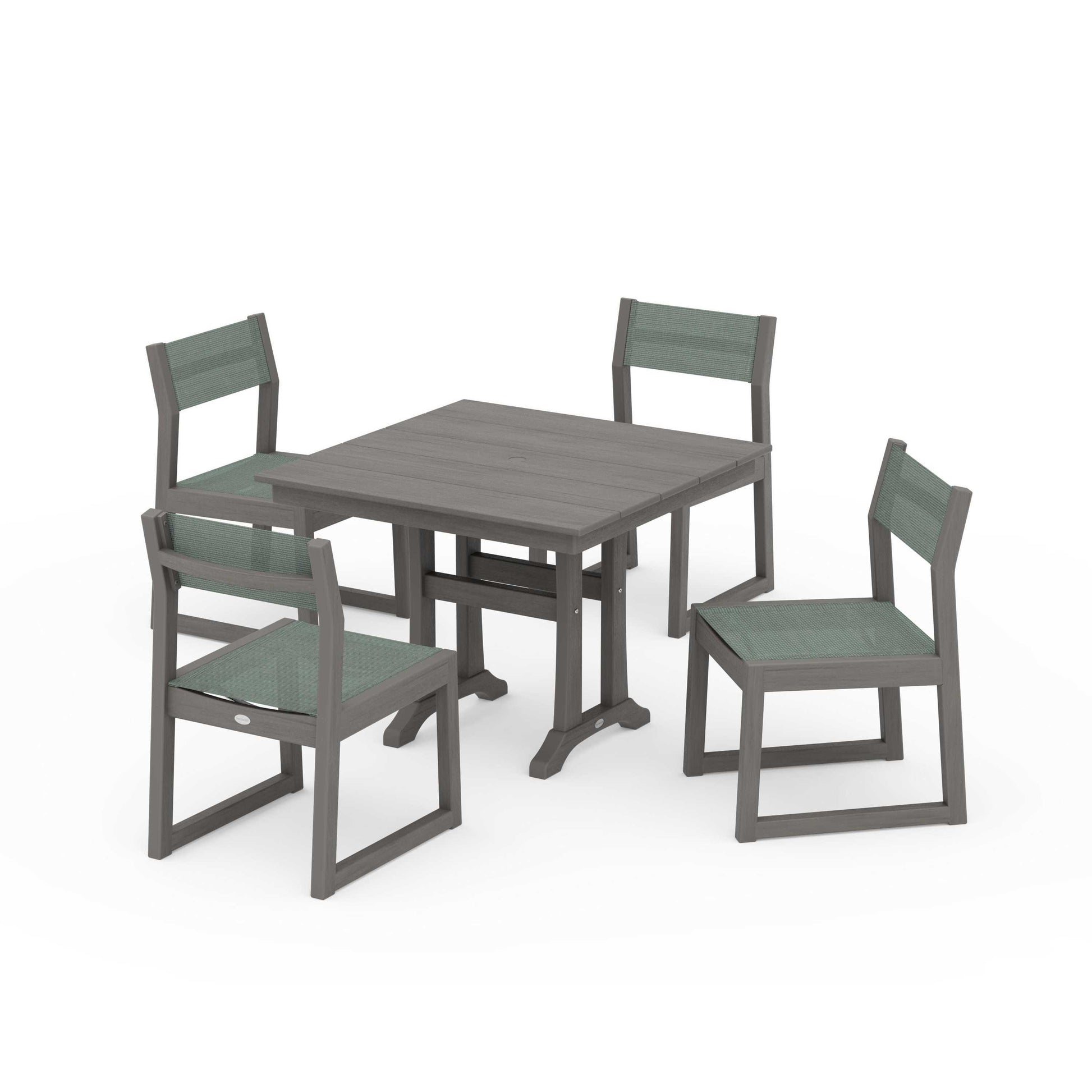 POLYWOOD EDGE Sling 5-Piece Farmhouse Trestle Side Chair Dining Set — Driftwood / Dupioni Sea Mist Sling