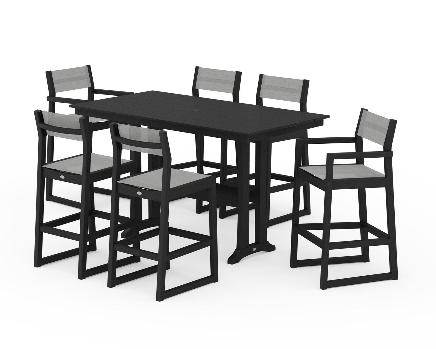 POLYWOOD EDGE Sling 7-Piece Farmhouse Bar Set with Trestle Legs — Black / Metallic Sling