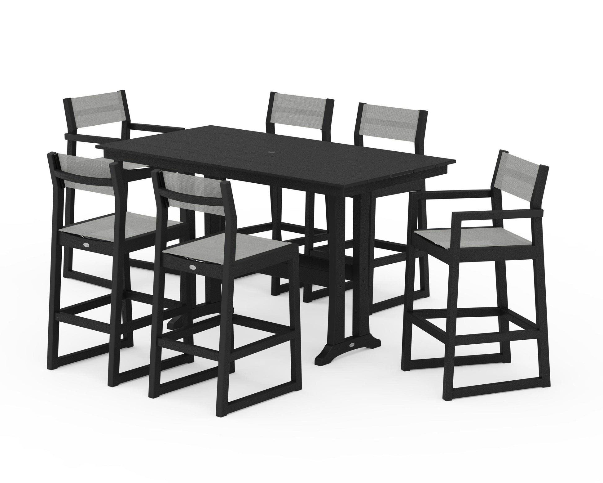 POLYWOOD EDGE Sling 7-Piece Farmhouse Bar Set with Trestle Legs — Black / Metallic Sling