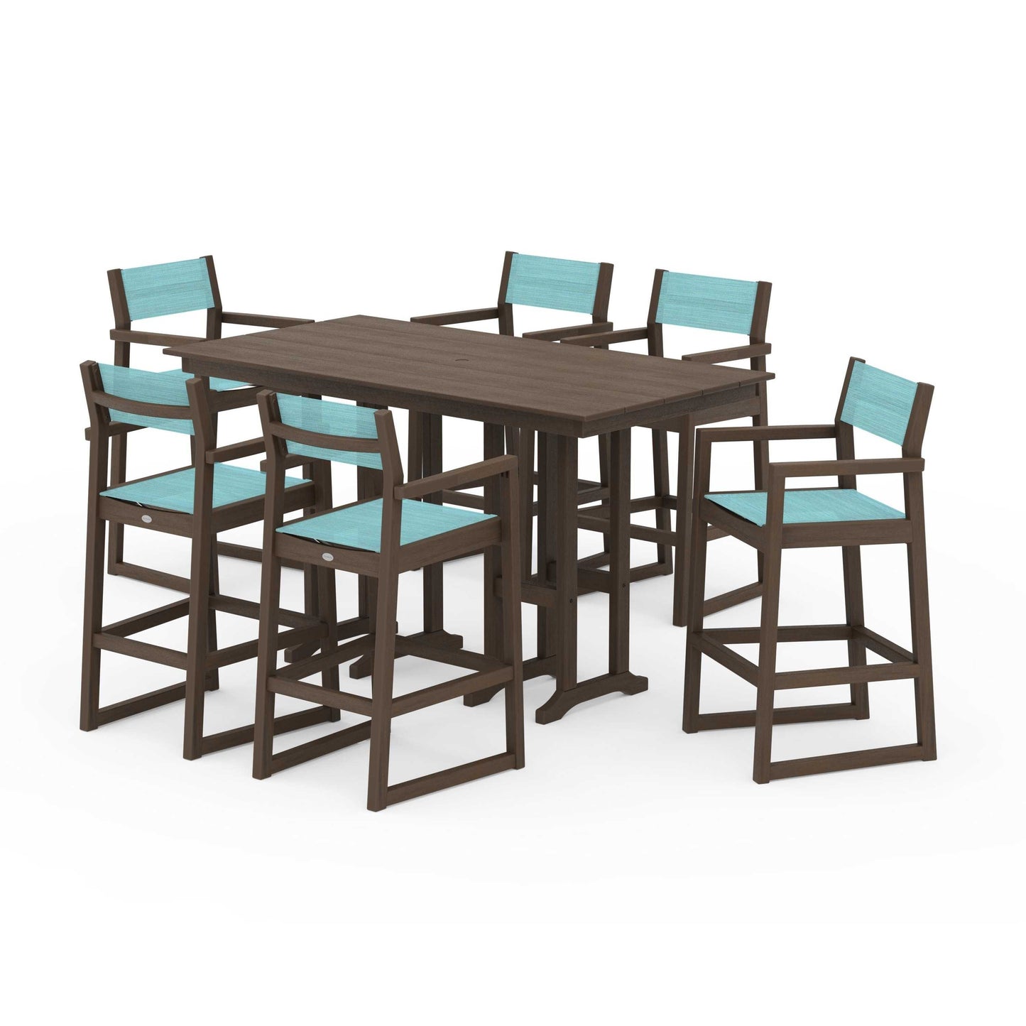 POLYWOOD EDGE Sling Arm Chair 7-Piece Farmhouse Bar Set — Kona / Dupioni Aquamarine Sling