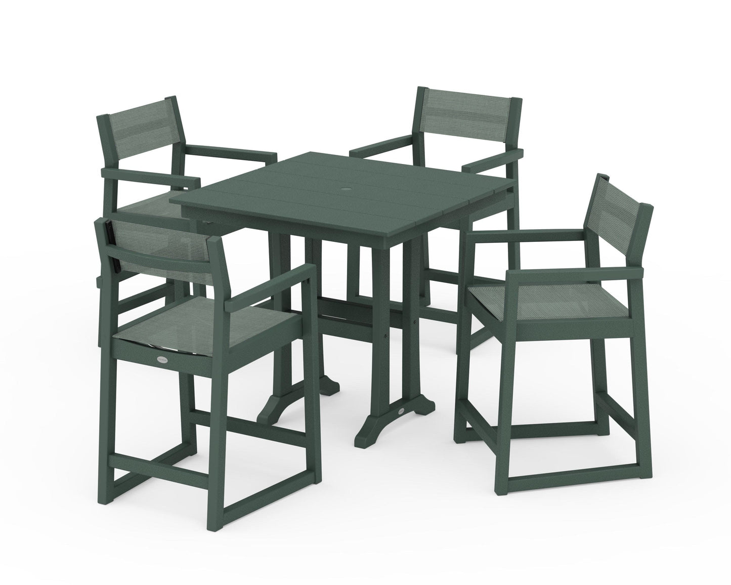 POLYWOOD EDGE Sling Arm Chair 5-Piece Farmhouse Counter Set with Trestle Legs — Green / Dupioni Sea Mist Sling