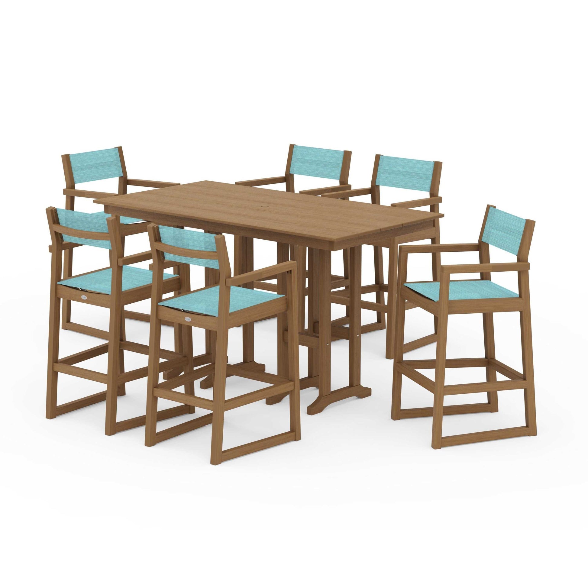 POLYWOOD EDGE Sling Arm Chair 7-Piece Farmhouse Bar Set — Natural / Dupioni Aquamarine Sling