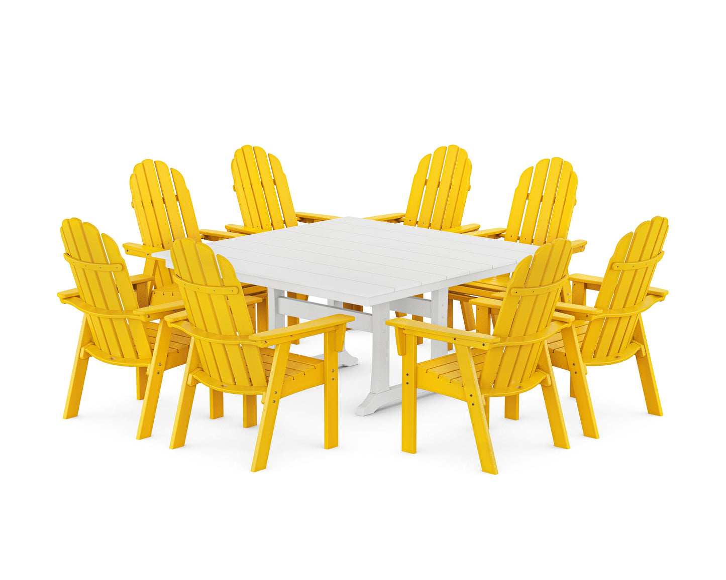 POLYWOOD Vineyard Curveback Adirondack 9-Piece Square Farmhouse Dining Set with Trestle Legs — Lemon / White