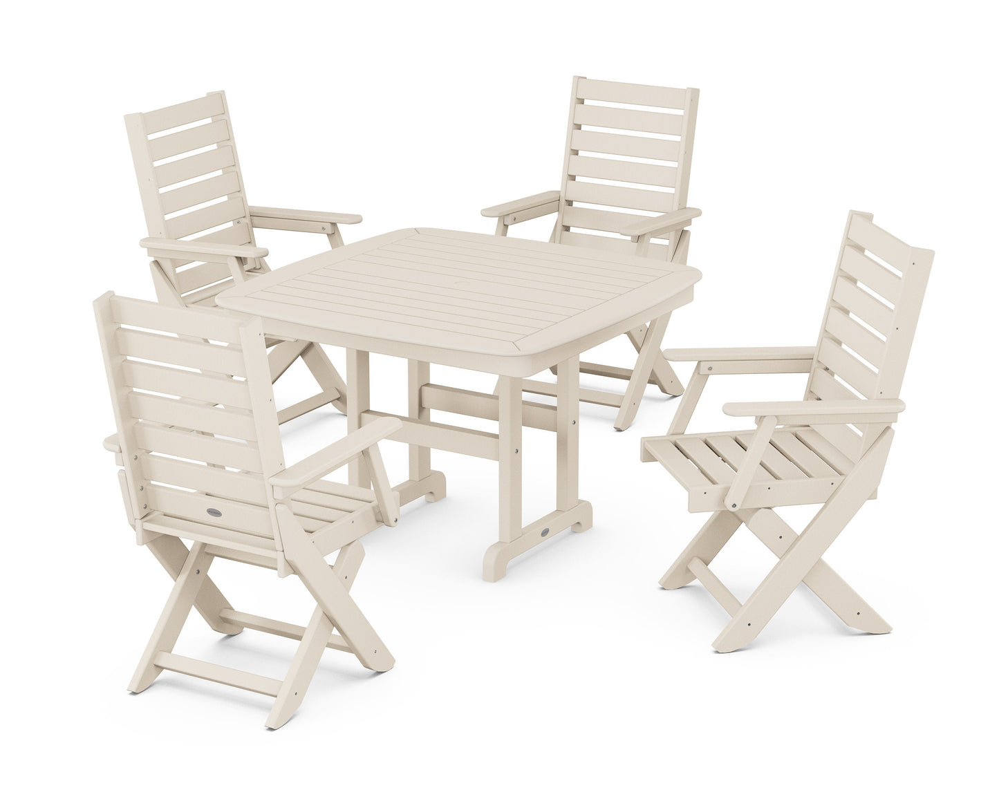 POLYWOOD Captain Folding Chair 5-Piece Dining Set with Trestle Legs — Sand
