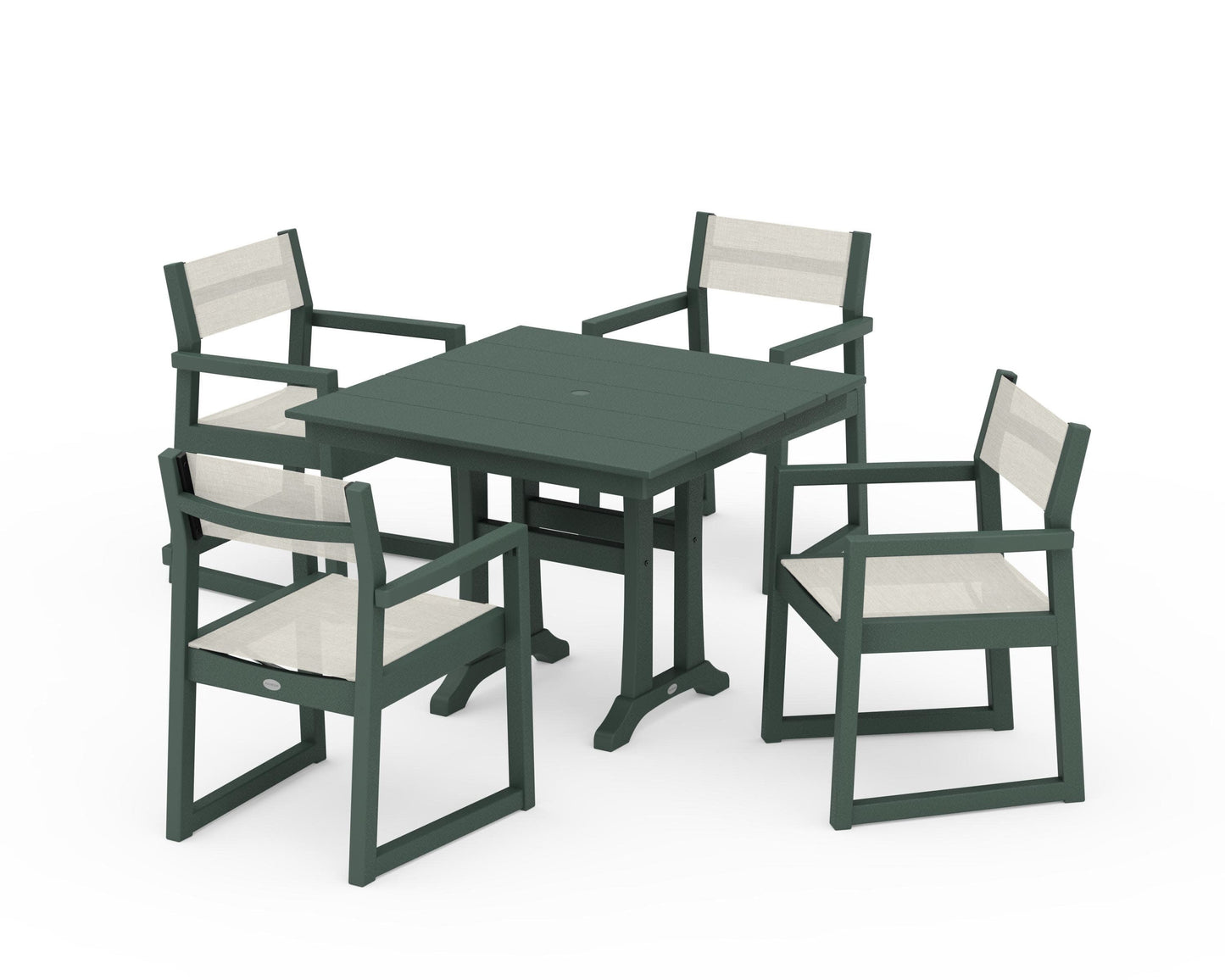POLYWOOD EDGE Sling 5-Piece Farmhouse Dining Set with Trestle Legs — Green / Parchment Sling