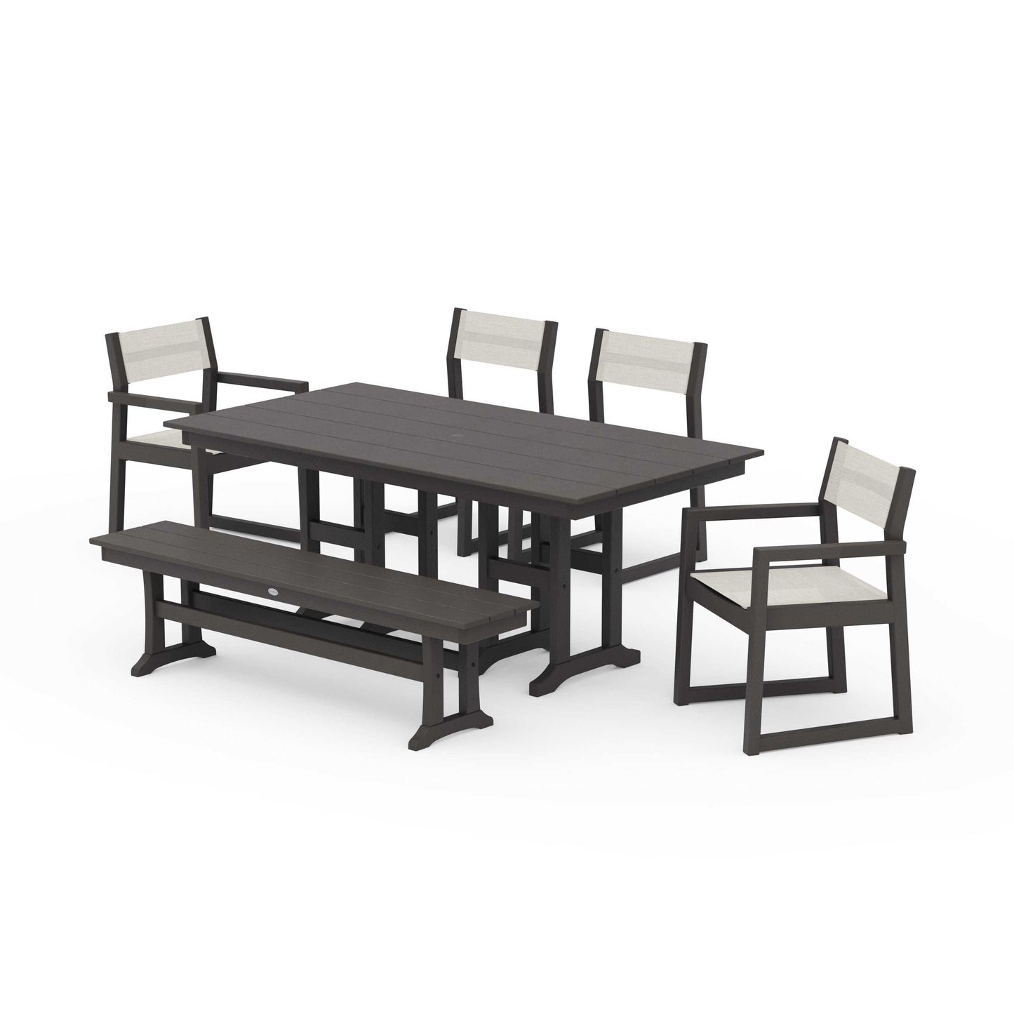POLYWOOD EDGE Sling 6-Piece Farmhouse Dining Set — Vintage Coffee / Parchment Sling