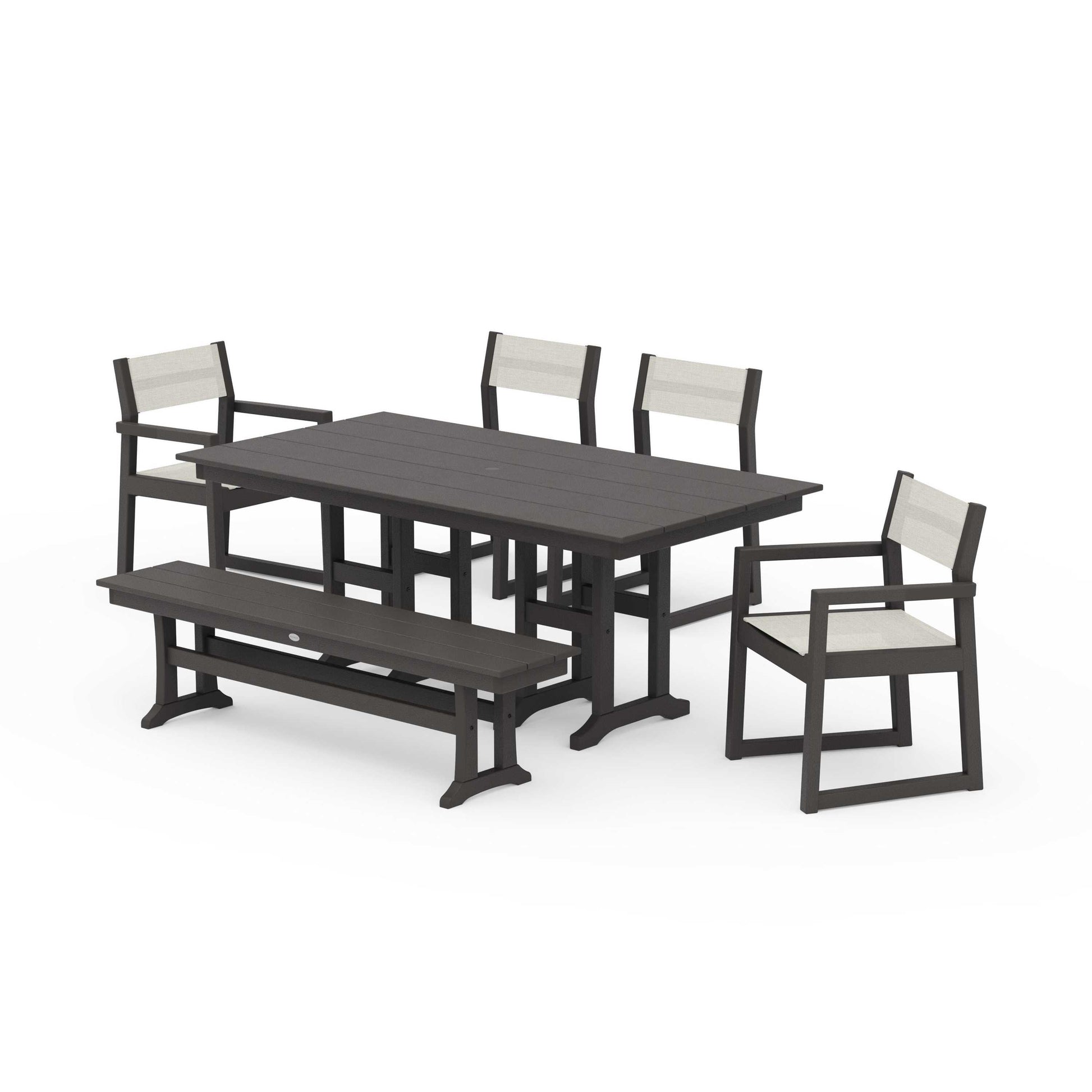 POLYWOOD EDGE Sling 6-Piece Farmhouse Dining Set — Vintage Coffee / Parchment Sling