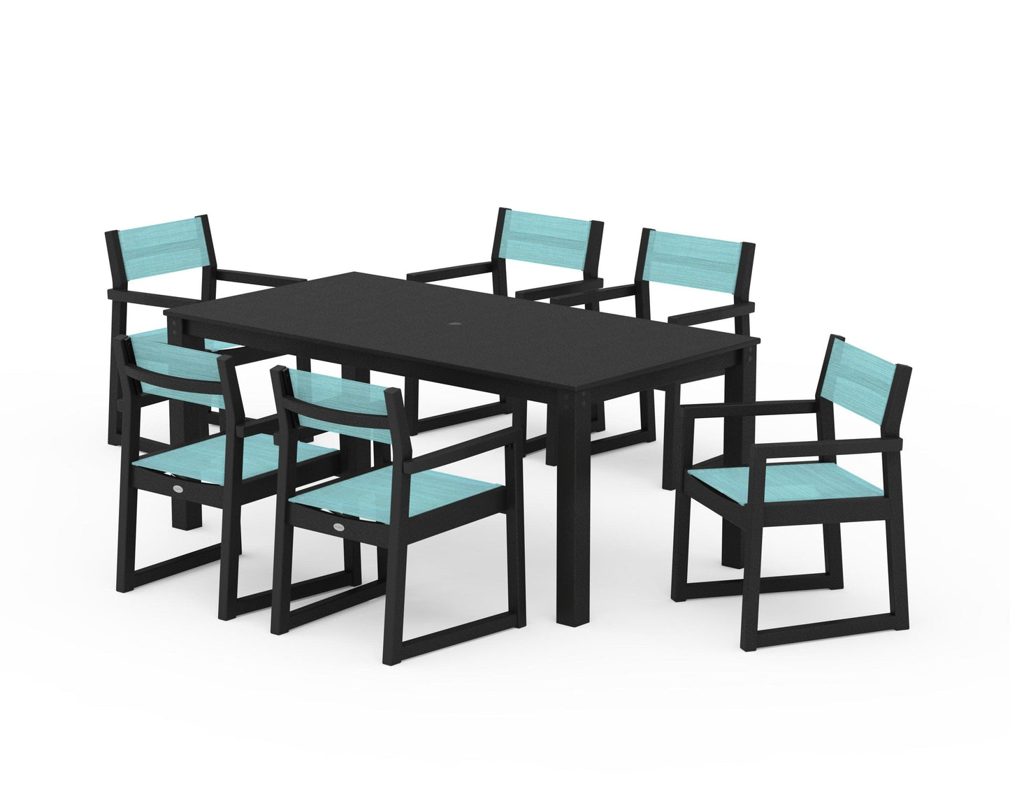 POLYWOOD EDGE Sling Arm Chair 7-Piece Parsons Dining Set — Black / Dupioni Aquamarine Sling
