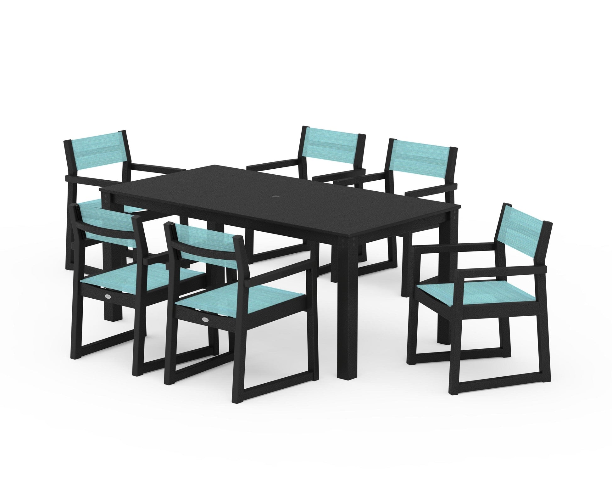 POLYWOOD EDGE Sling Arm Chair 7-Piece Parsons Dining Set — Black / Dupioni Aquamarine Sling