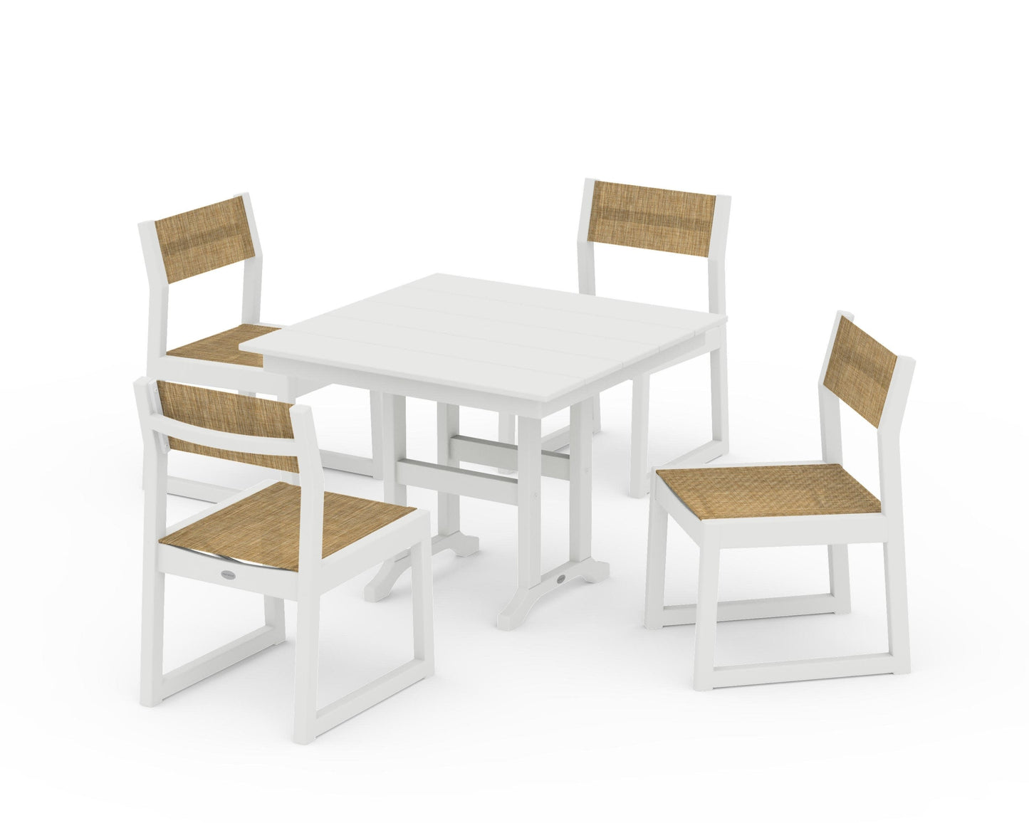 POLYWOOD EDGE Sling Side Chair 5-Piece Farmhouse Dining Set — Vintage White / Burlap Sling