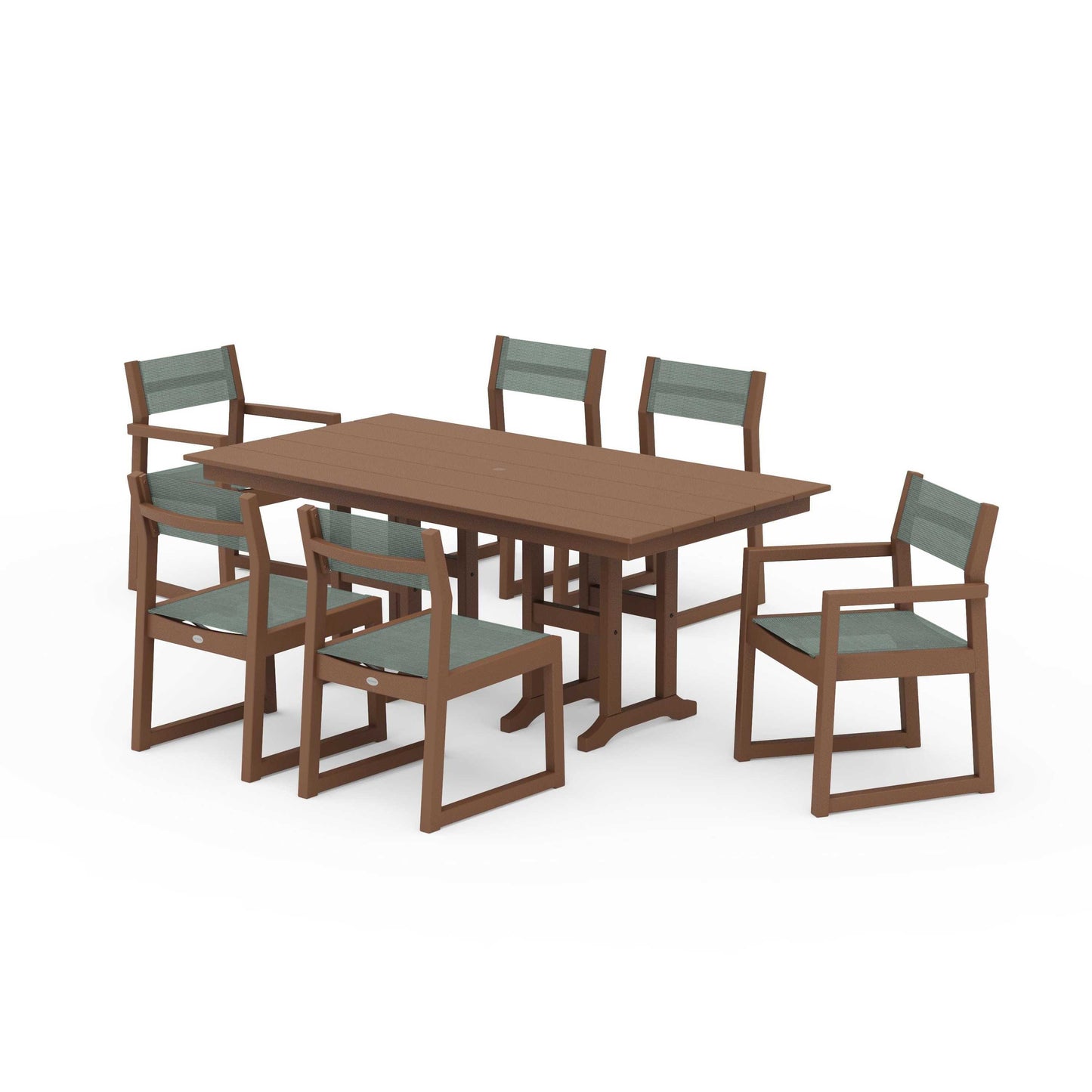 POLYWOOD EDGE Sling 7-Piece Farmhouse Dining Set — Teak / Dupioni Sea Mist Sling