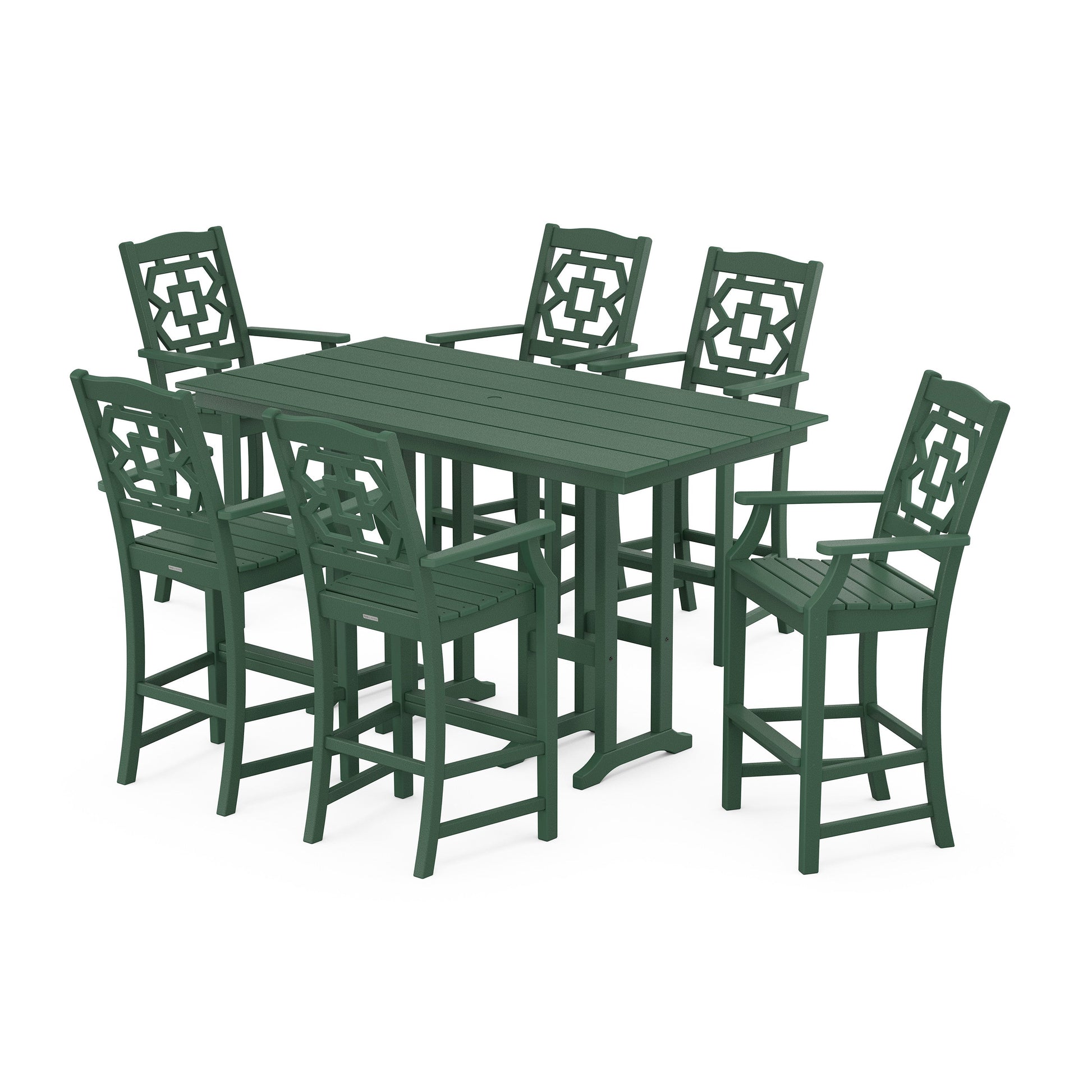 POLYWOOD Chinoiserie Arm Chair 7-Piece Farmhouse Bar Set — Green