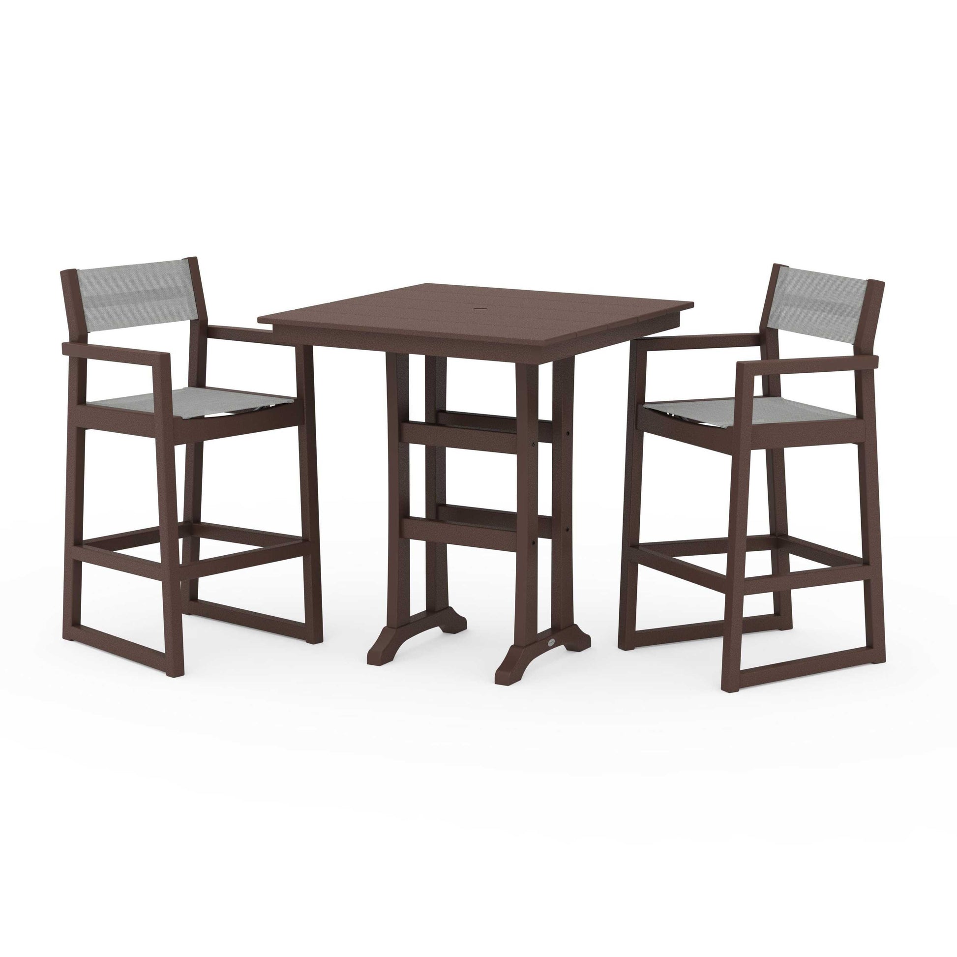 POLYWOOD EDGE Sling Arm Chair 3-Piece Farmhouse Bar Set with Trestle Legs — Mahogany / Metallic Sling