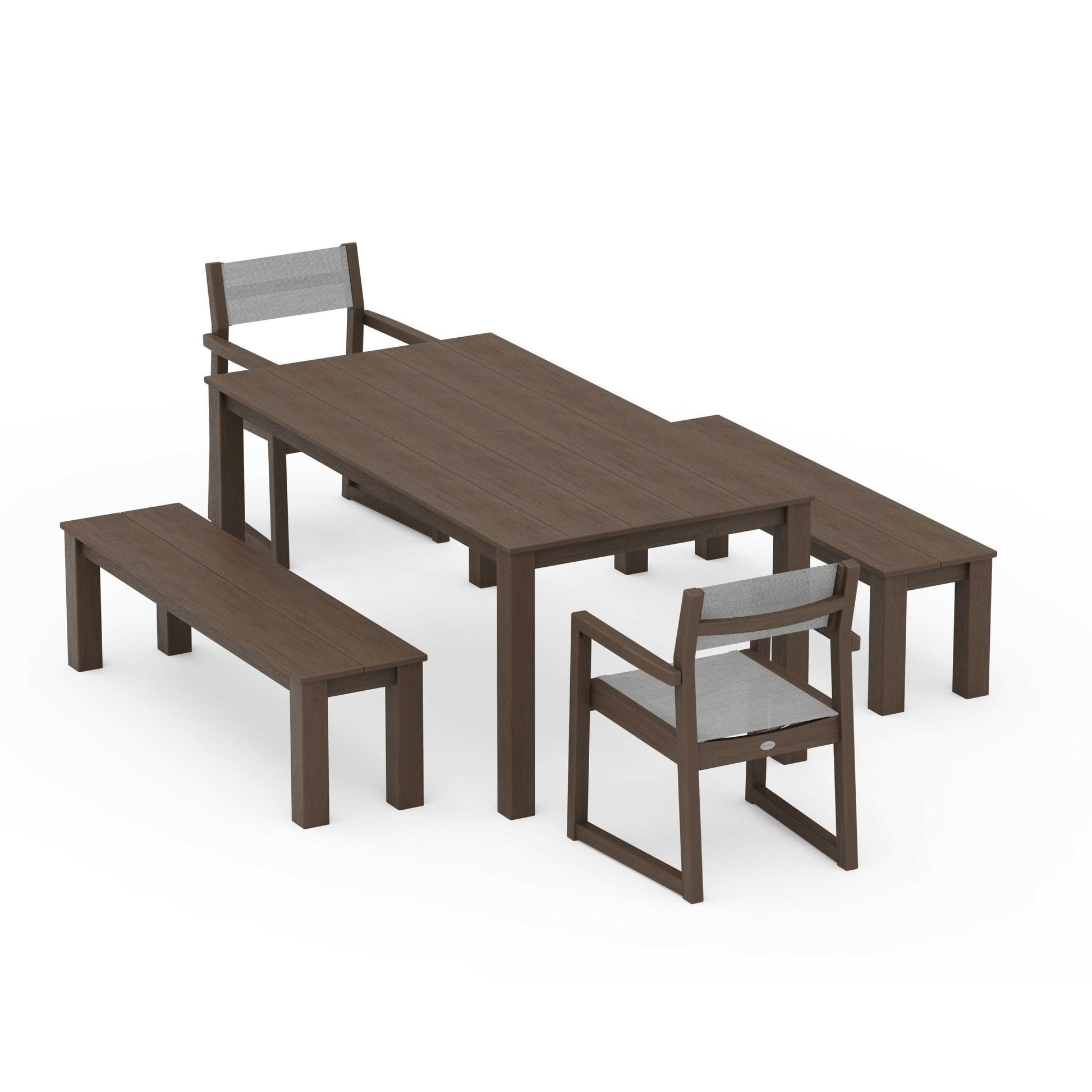POLYWOOD EDGE Sling Arm Chair 5-Piece Parsons Dining Set with Benches — Kona / Metallic Sling