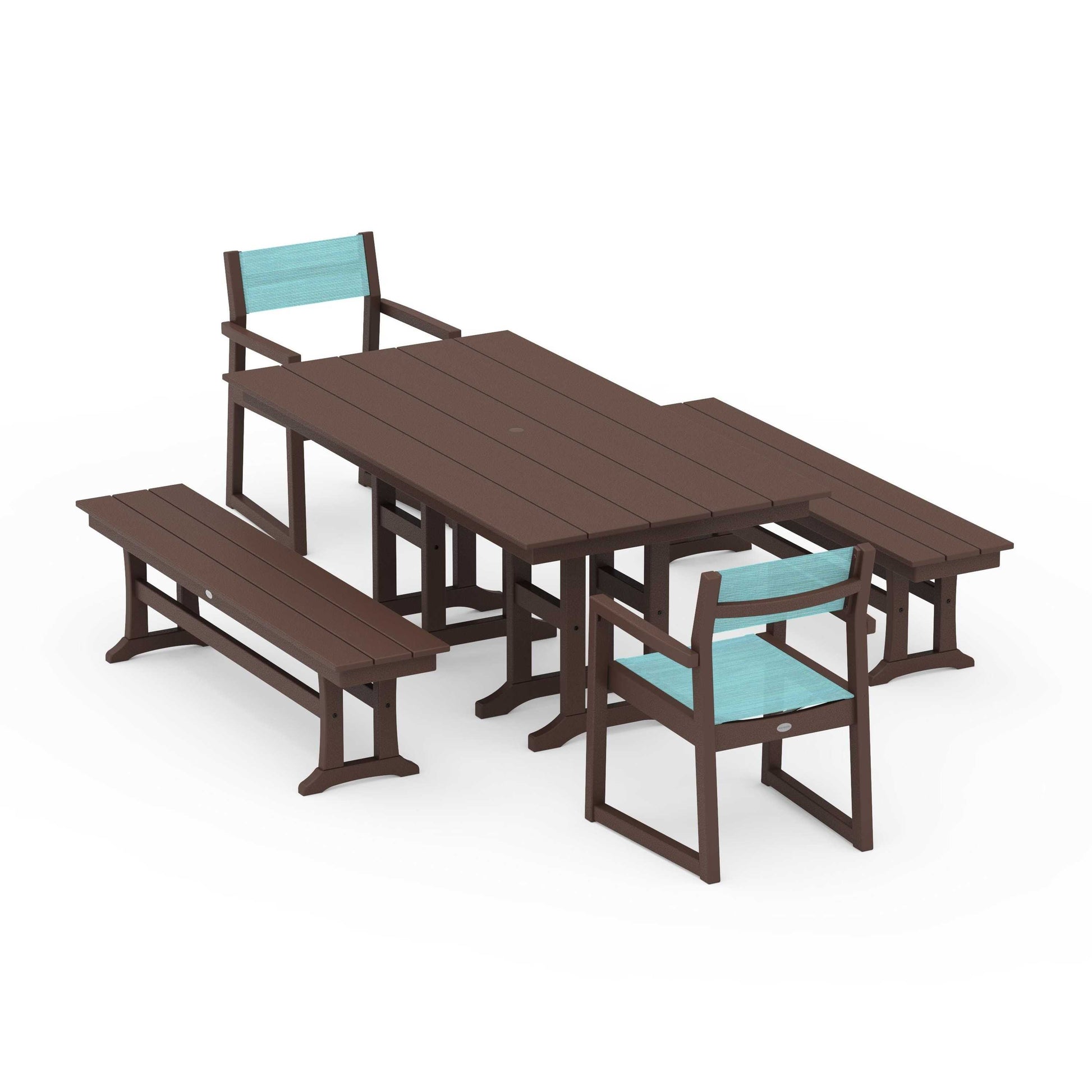 POLYWOOD EDGE Sling Arm Chair 5-Piece Farmhouse Dining Set with Benches — Mahogany / Dupioni Aquamarine Sling