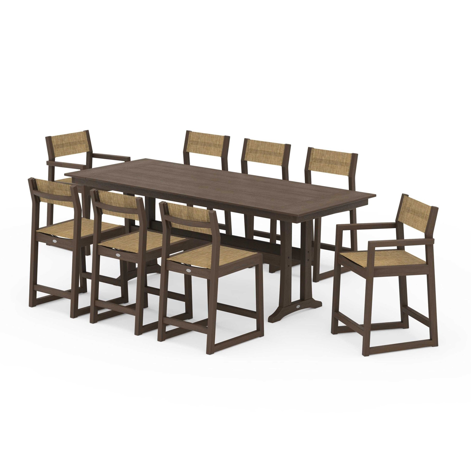 POLYWOOD EDGE Sling 9-Piece Farmhouse Counter Set with Trestle Legs — Kona / Burlap Sling