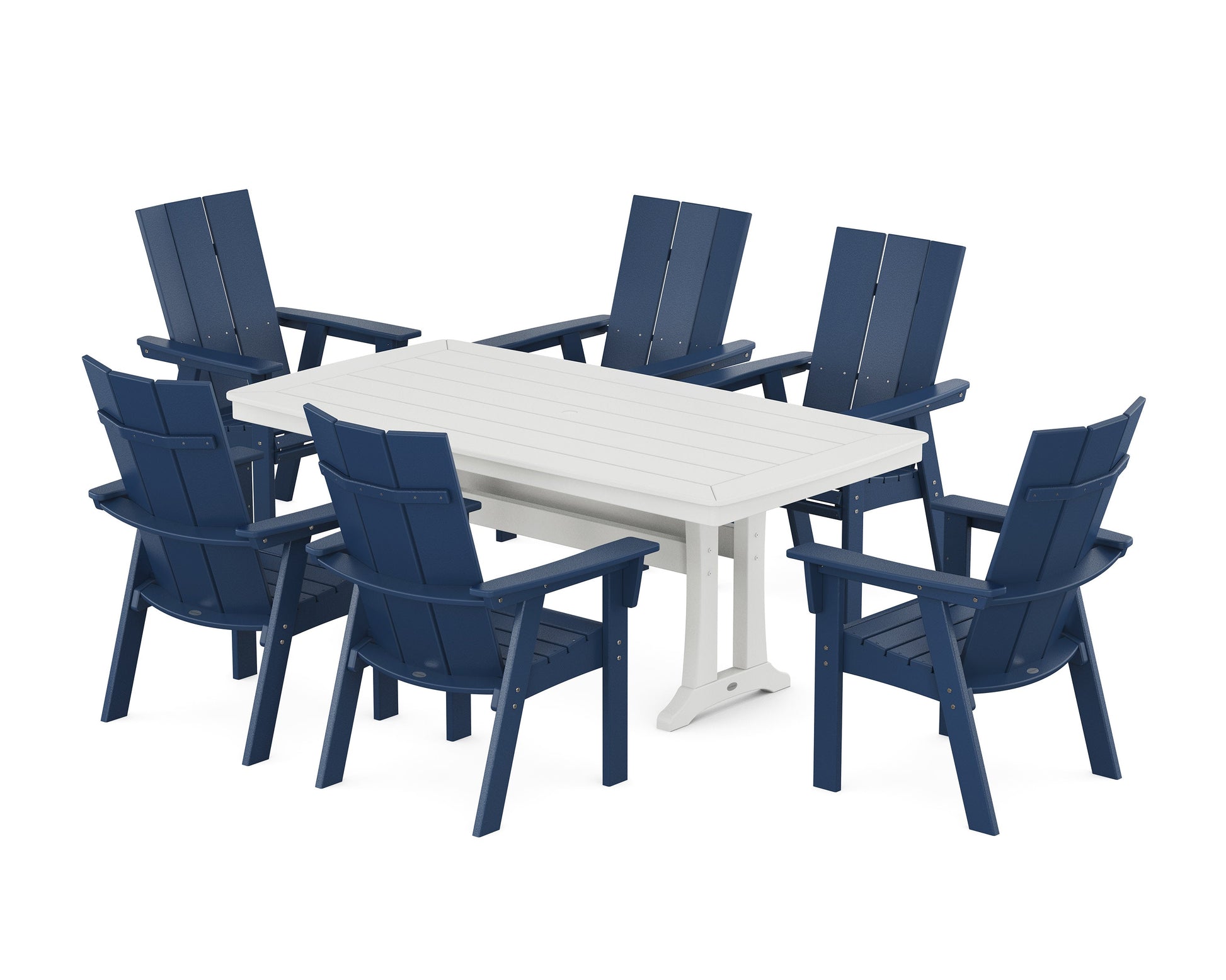 POLYWOOD Modern Curveback Adirondack 7-Piece Dining Set with Trestle Legs — Navy / White