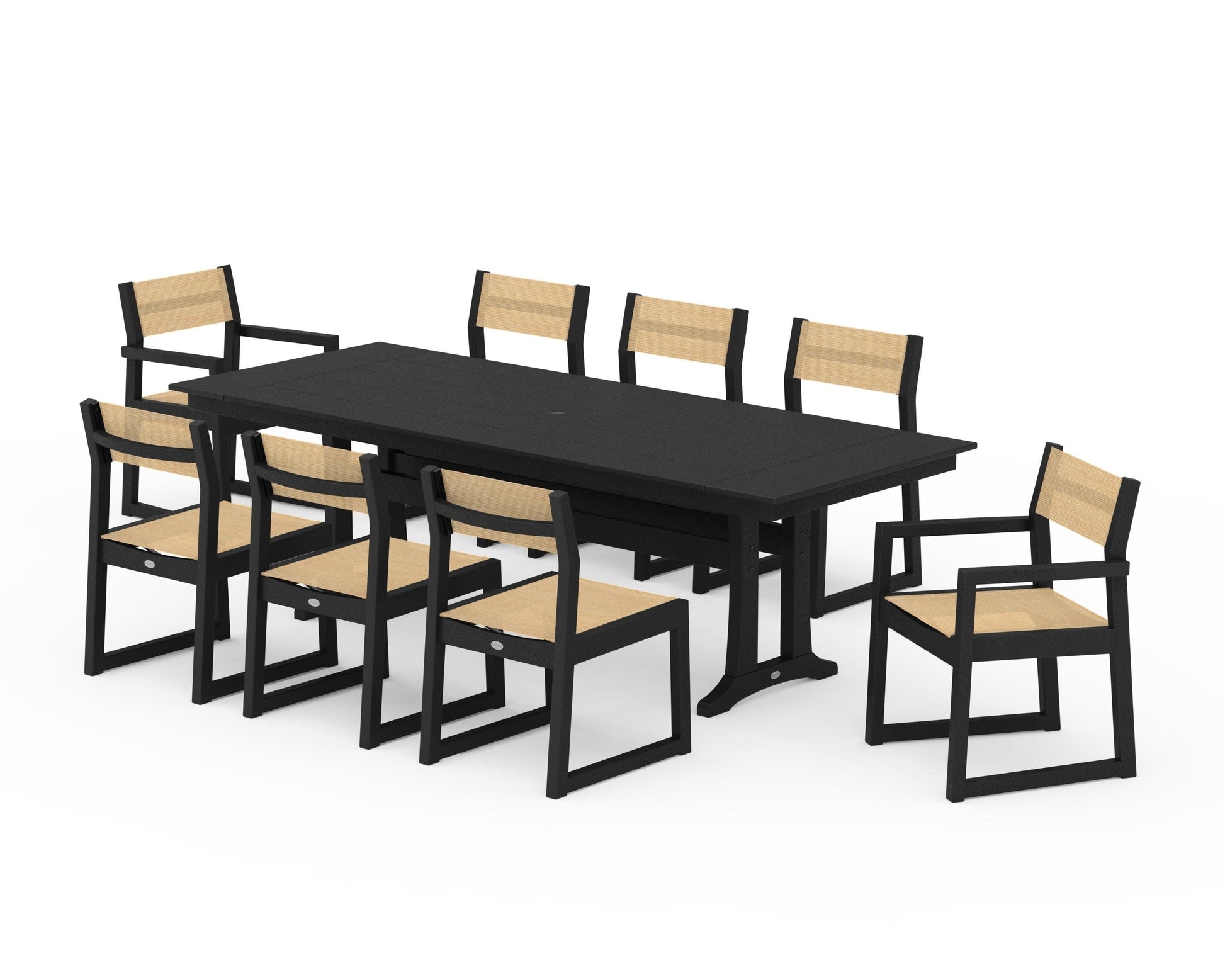 POLYWOOD EDGE Sling 9-Piece Farmhouse Trestle Dining Set — Black / Dupioni Apricot Sling